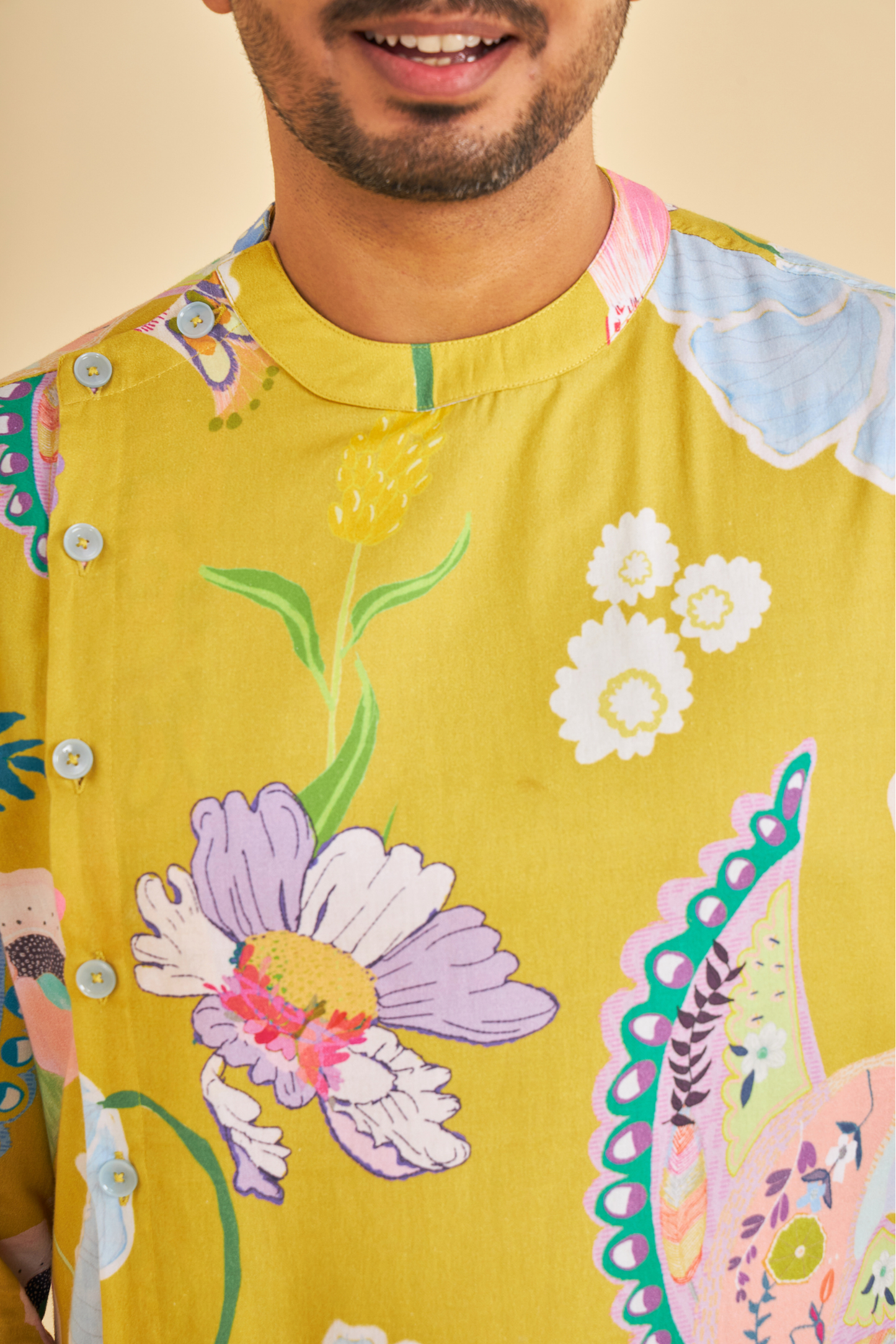 Yellow Bloom Men's Asymmetrical Kurta & Pants (Set of 2 Pcs)