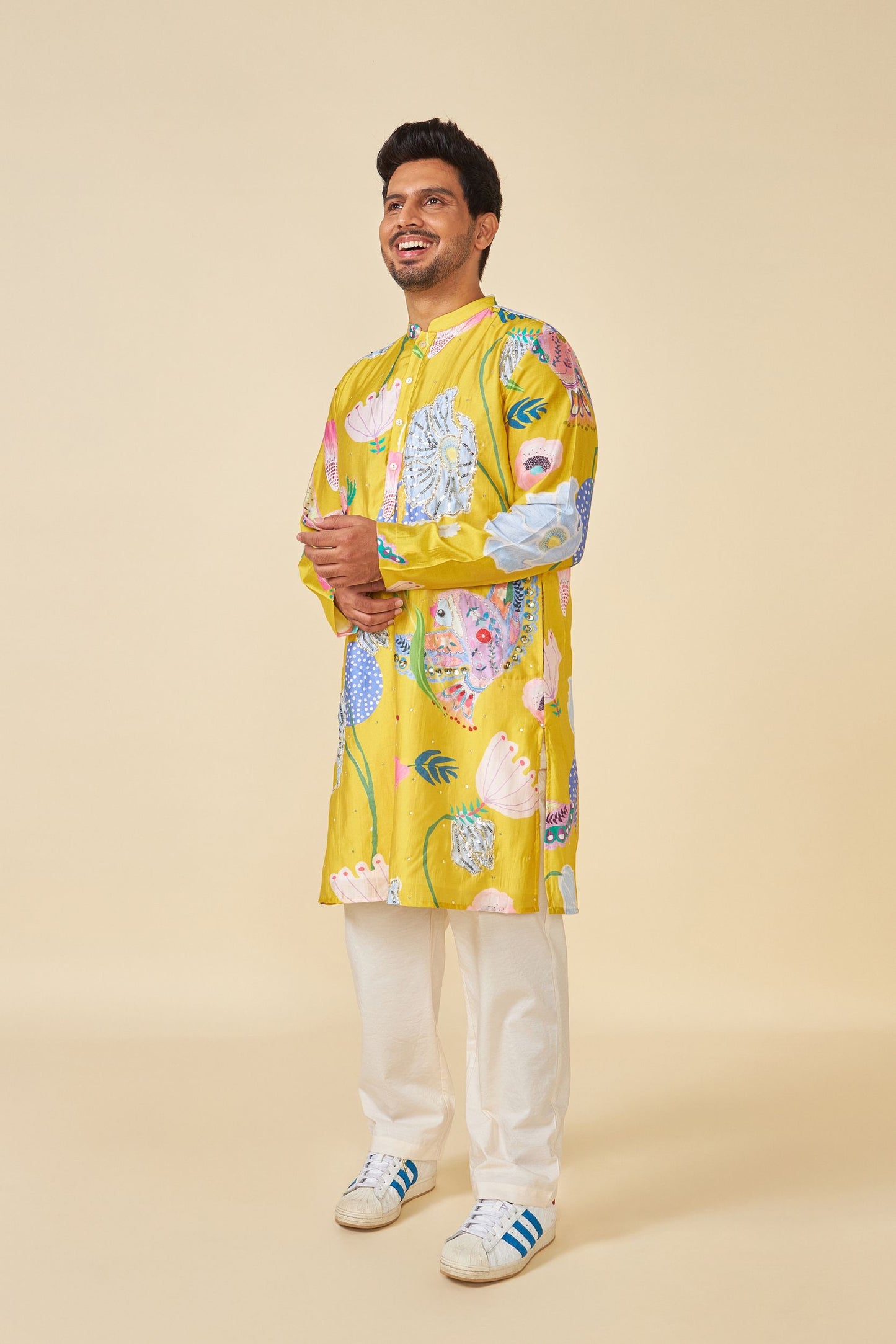 Yellow Bloom Embellished Ladies Kaftan Top And Pant Set Of 2 + Yellow Bloom Embellished Men'S Kurta And Pant Set Of 2