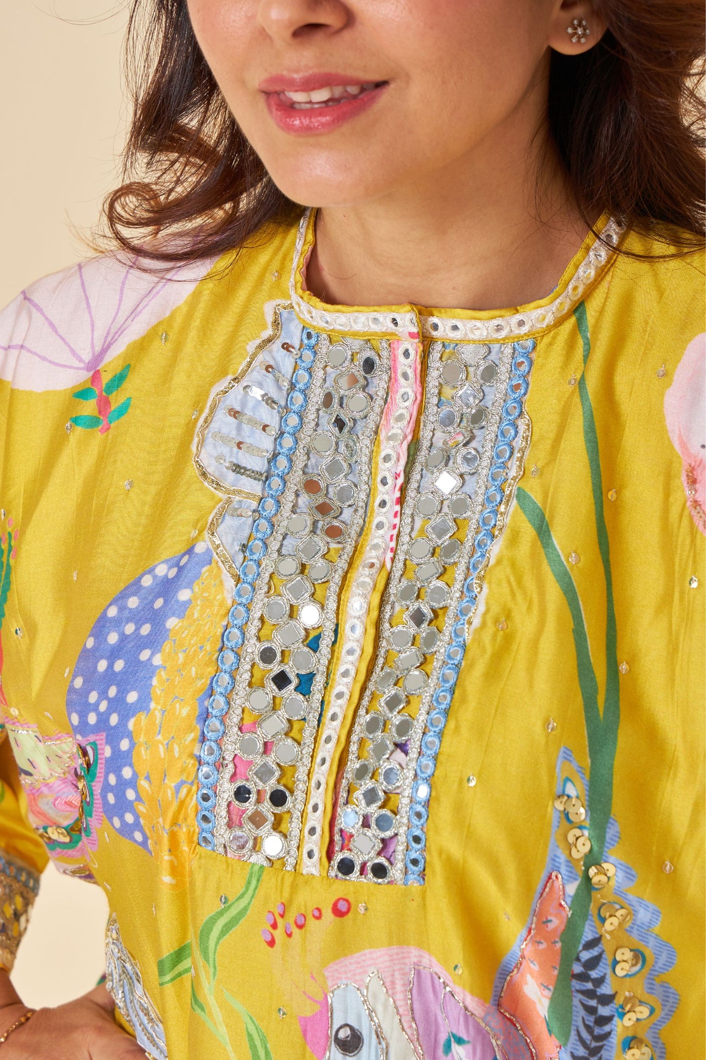 Yellow Bloom Embellished Ladies Kaftan Top And Pant (Set Of 2)