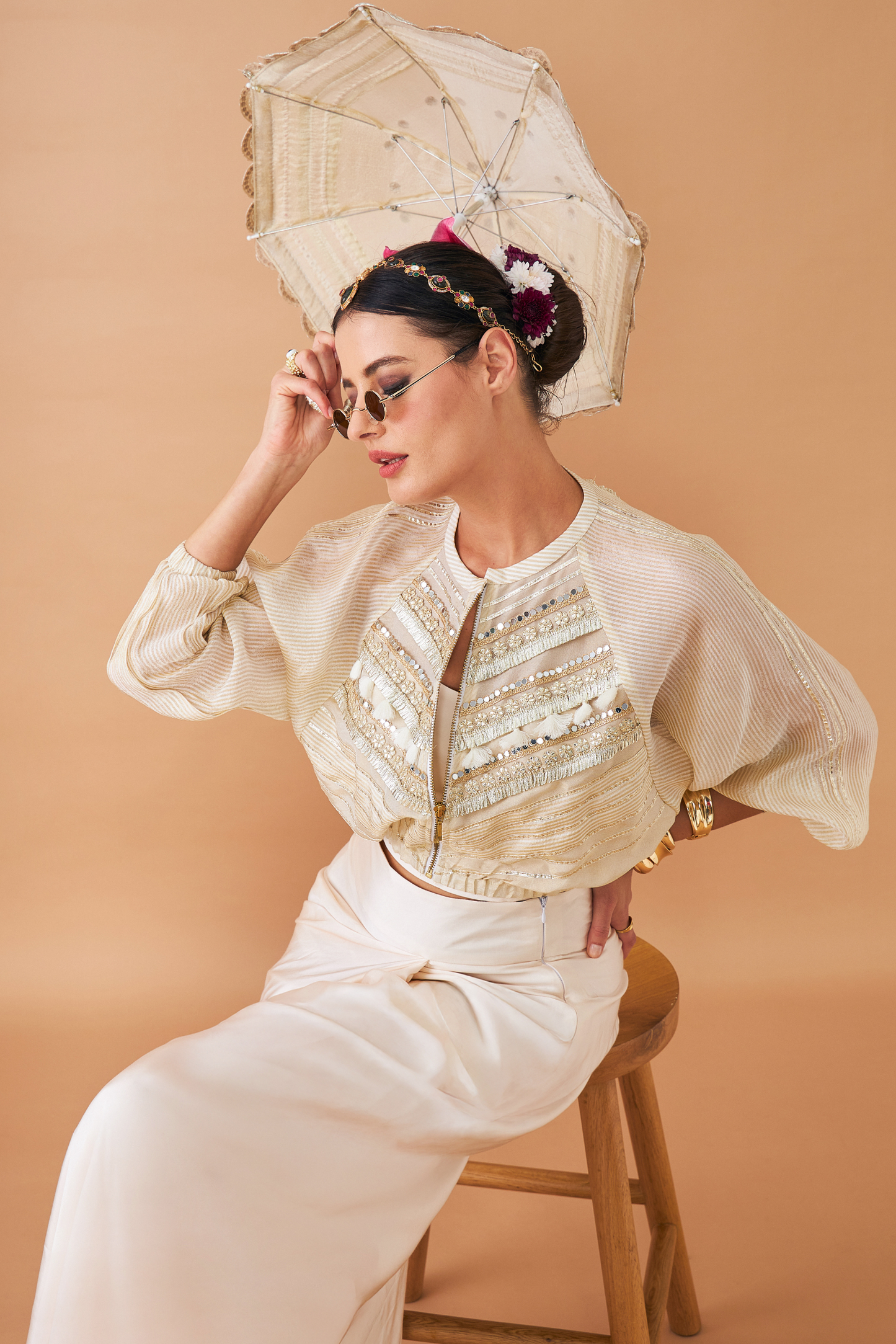 Alba Gold Ladies Embellished Jacket With Draped Skirt & Bustier (Set of 3 Pcs)