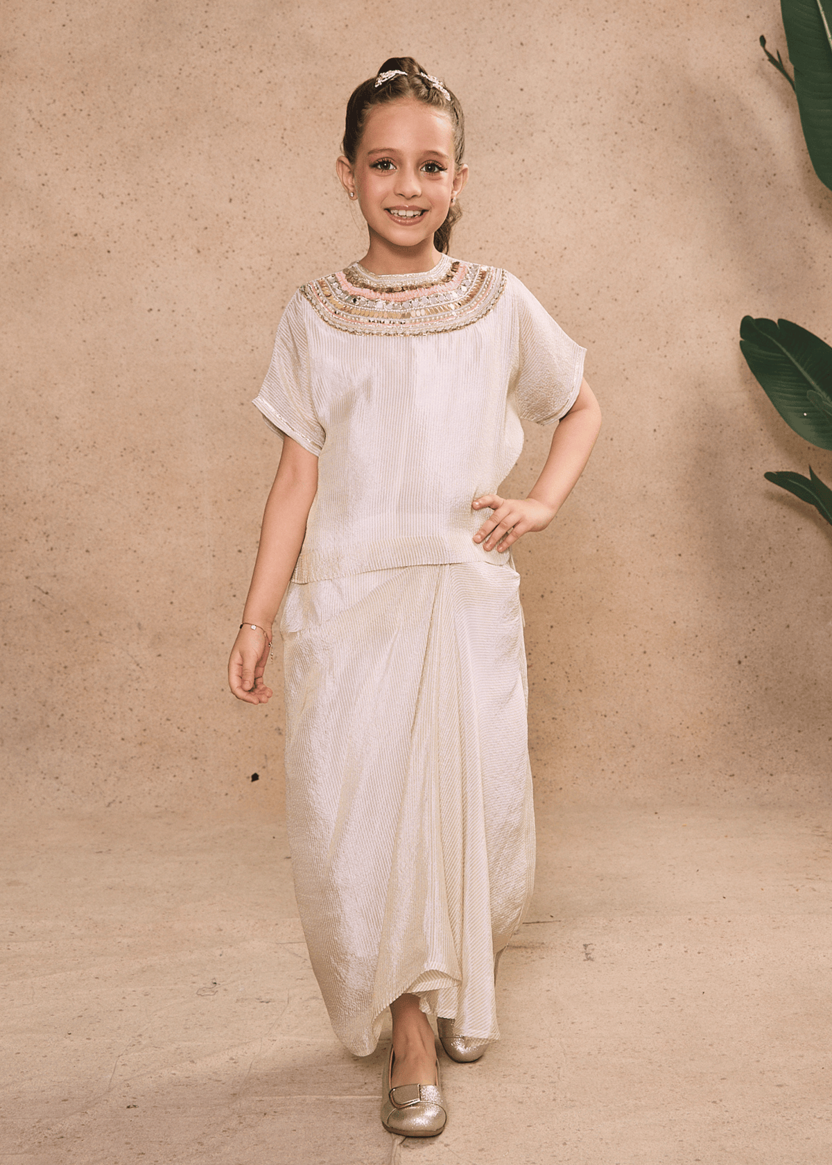 Ivory Girls Embellished High-low Top & Draped Skirt