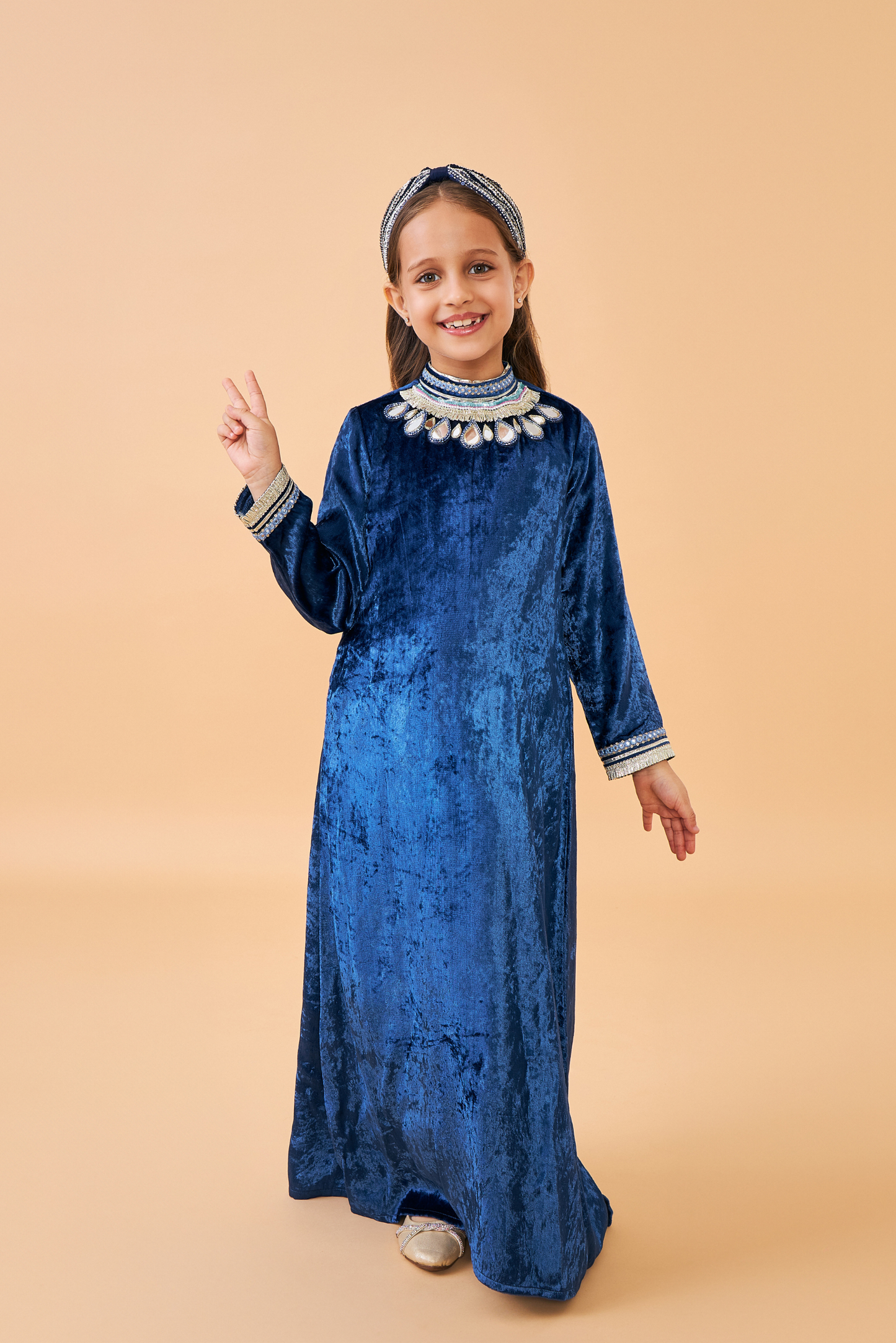Sparrow Navy Girls Coat with Velvet Long Dress ( set of 2 pcs)