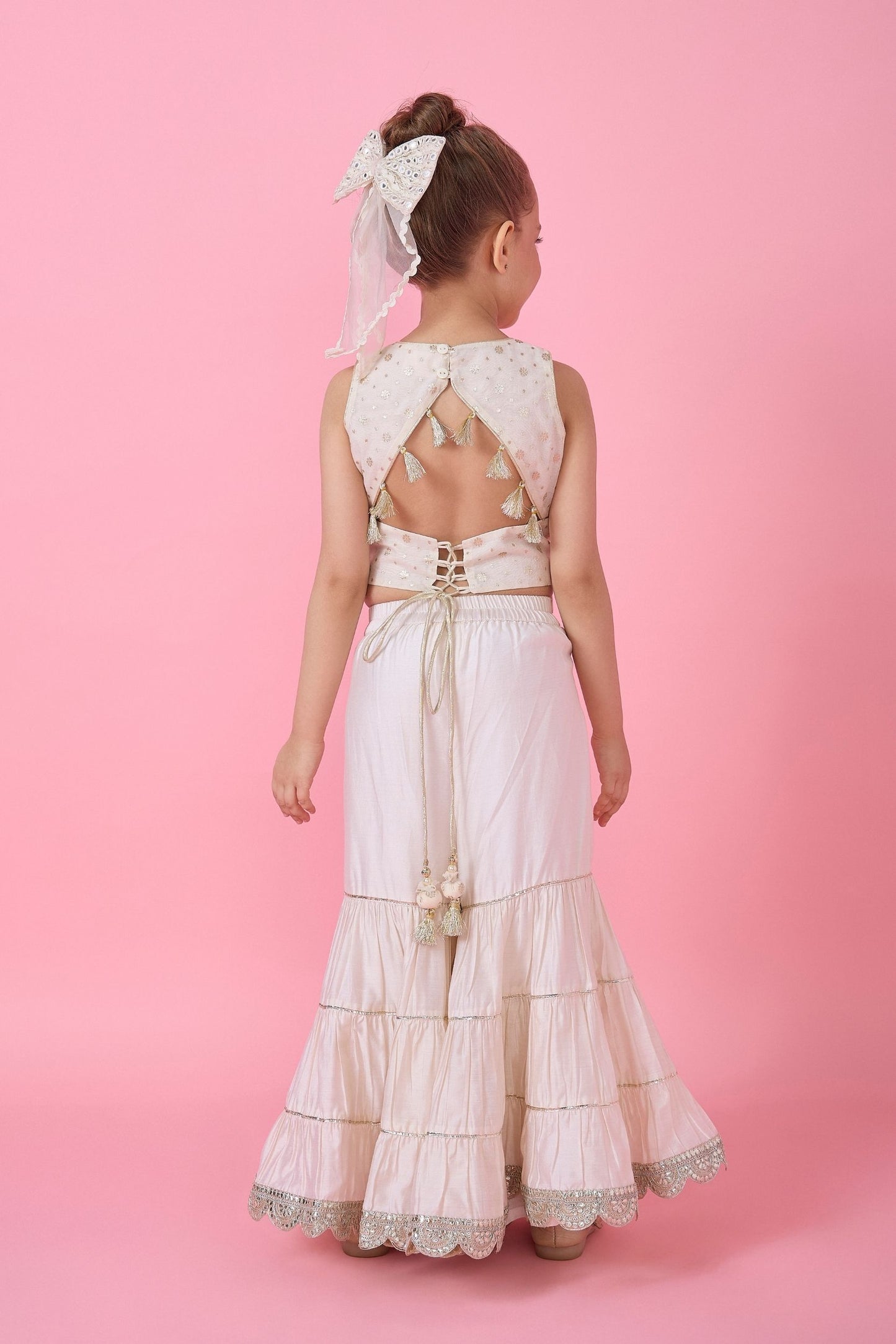 Ivory Long Embroidered Girls Top & Flared pant Set (Set Of Three)