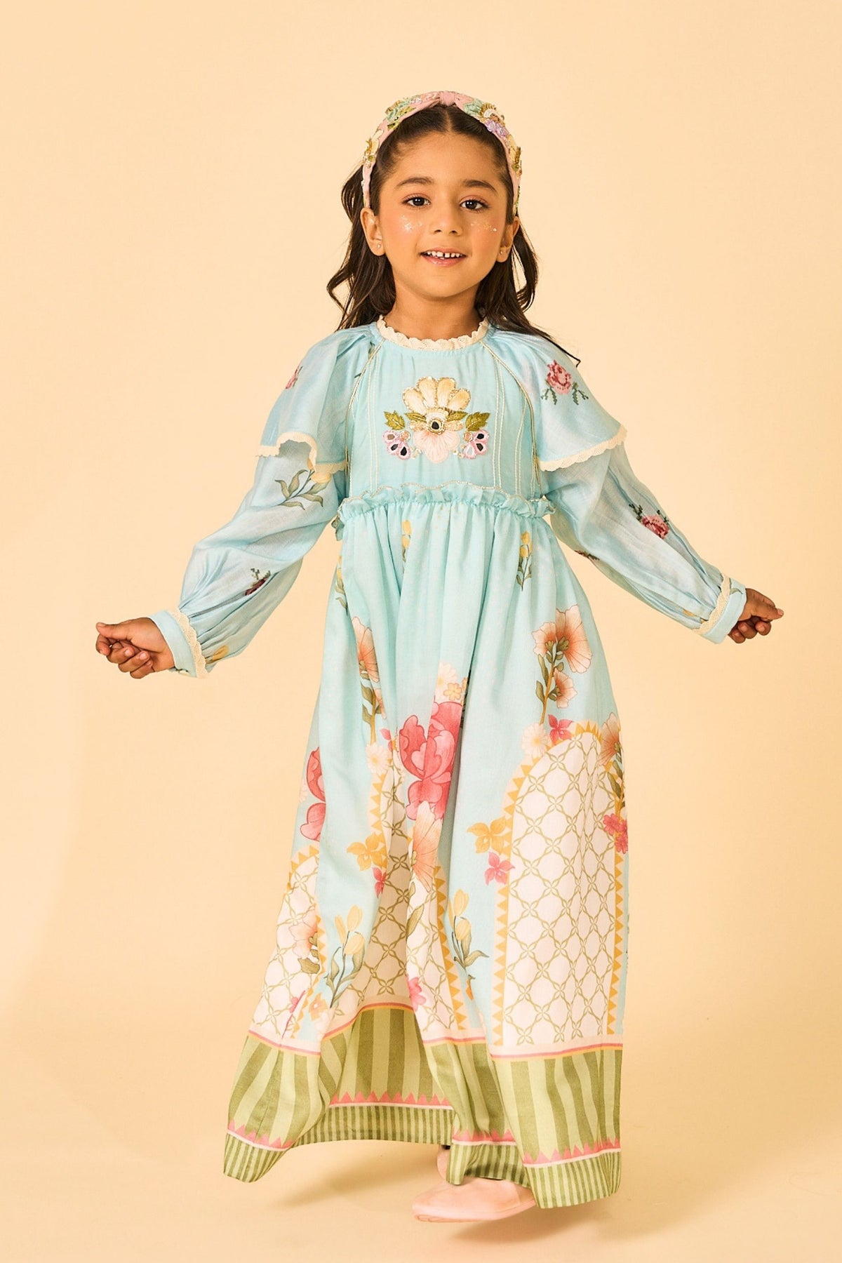 Blue Clay Embellished Girls Long Dress