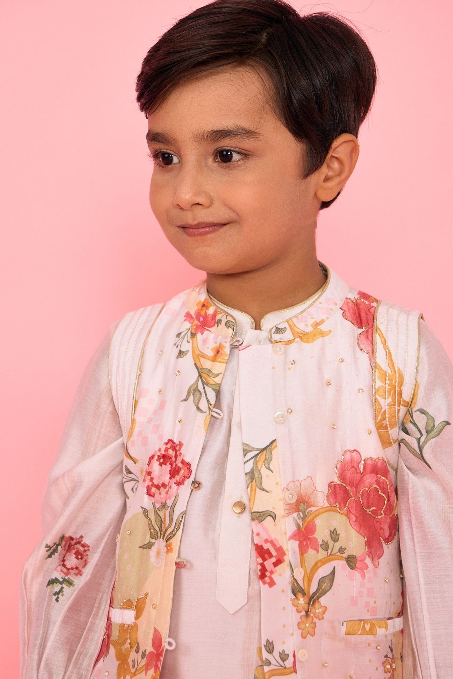 White Makrana Stripes Boys Coord With Embellished Jacket( 3 Pc Set)