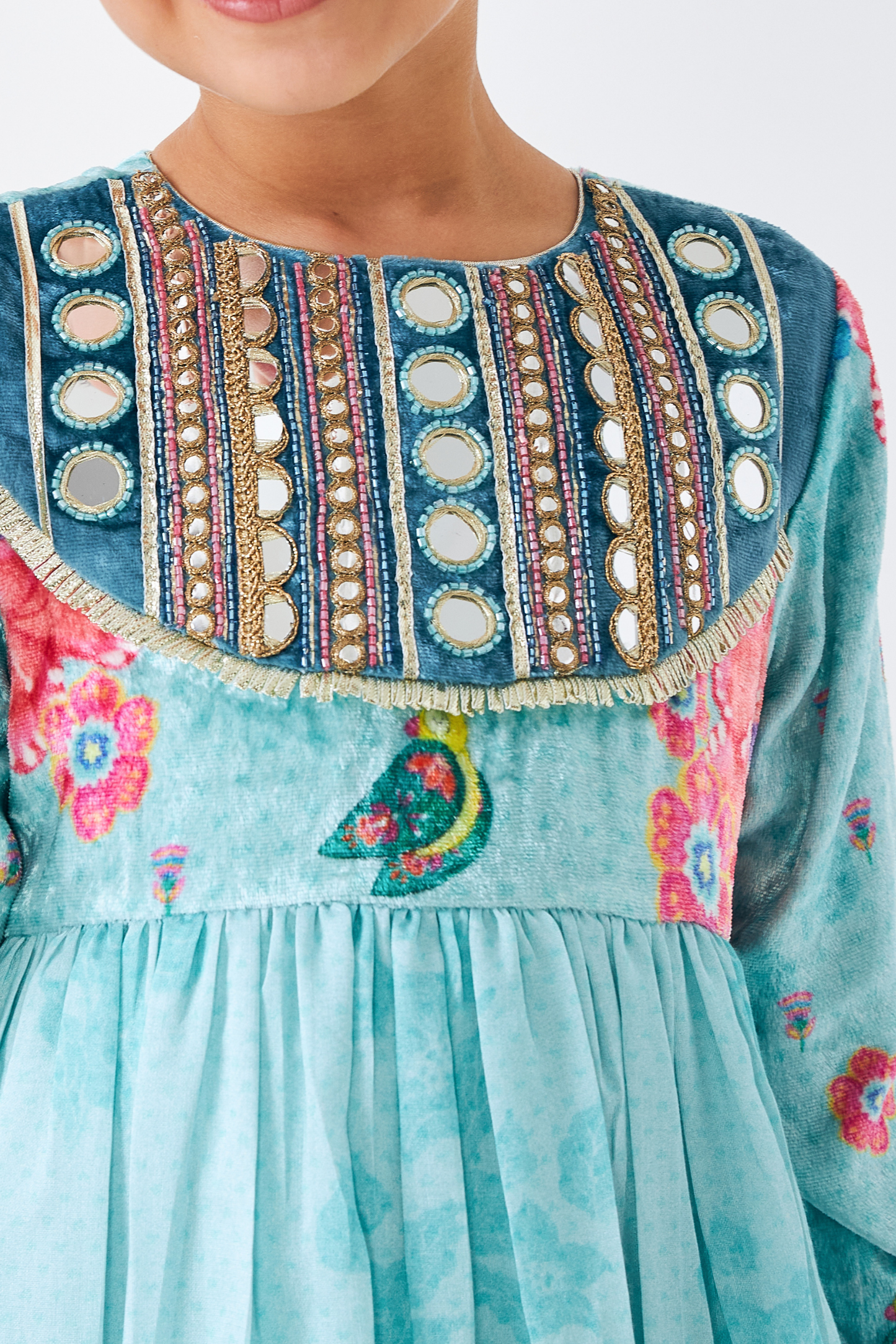 Freya Sage Embellished Girls Long Dress (Set of 2 Pcs)