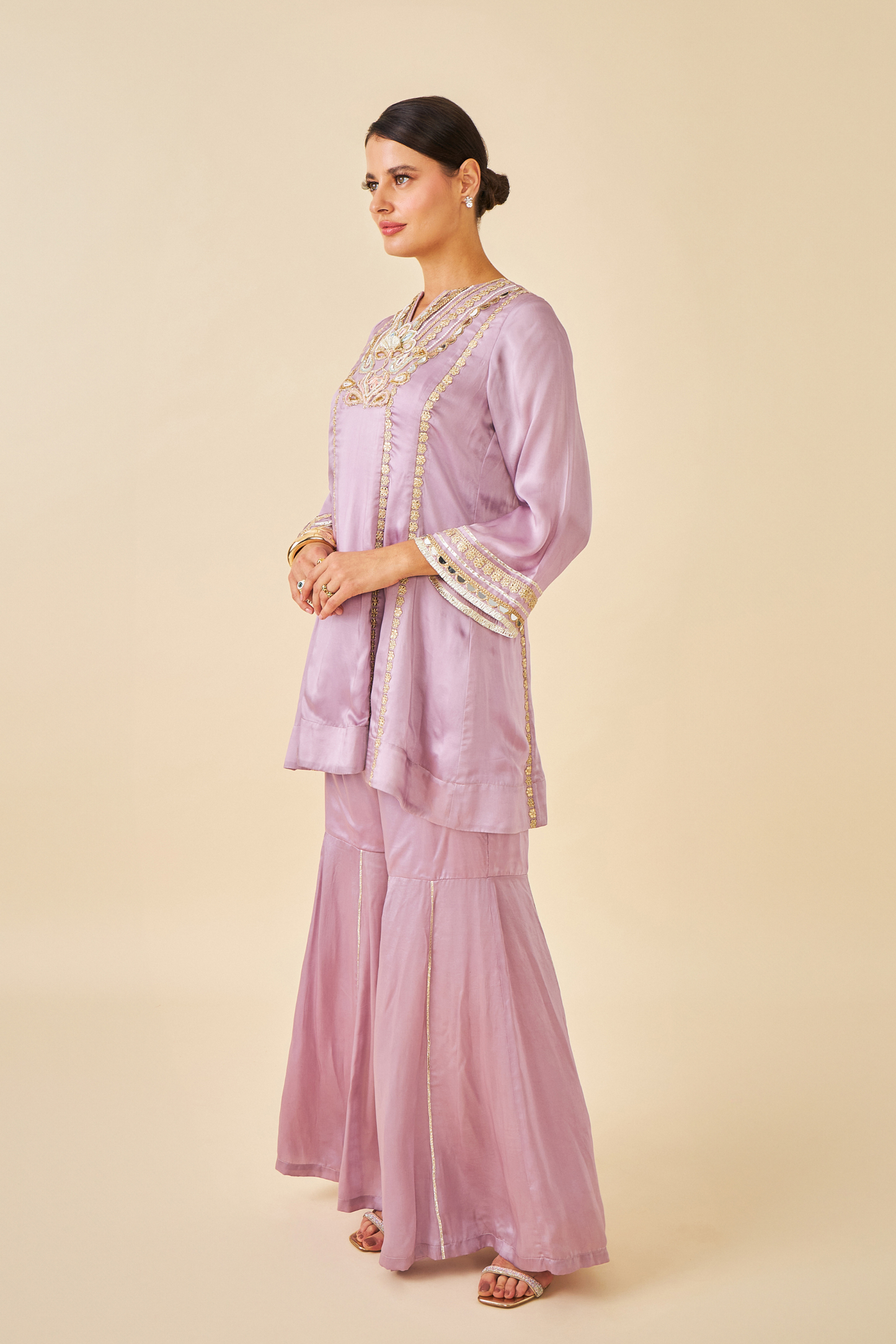 Ivora Lavender Ladies Embellished Tunic With Flared Trousers Co-ord ( Set of 2pcs )
