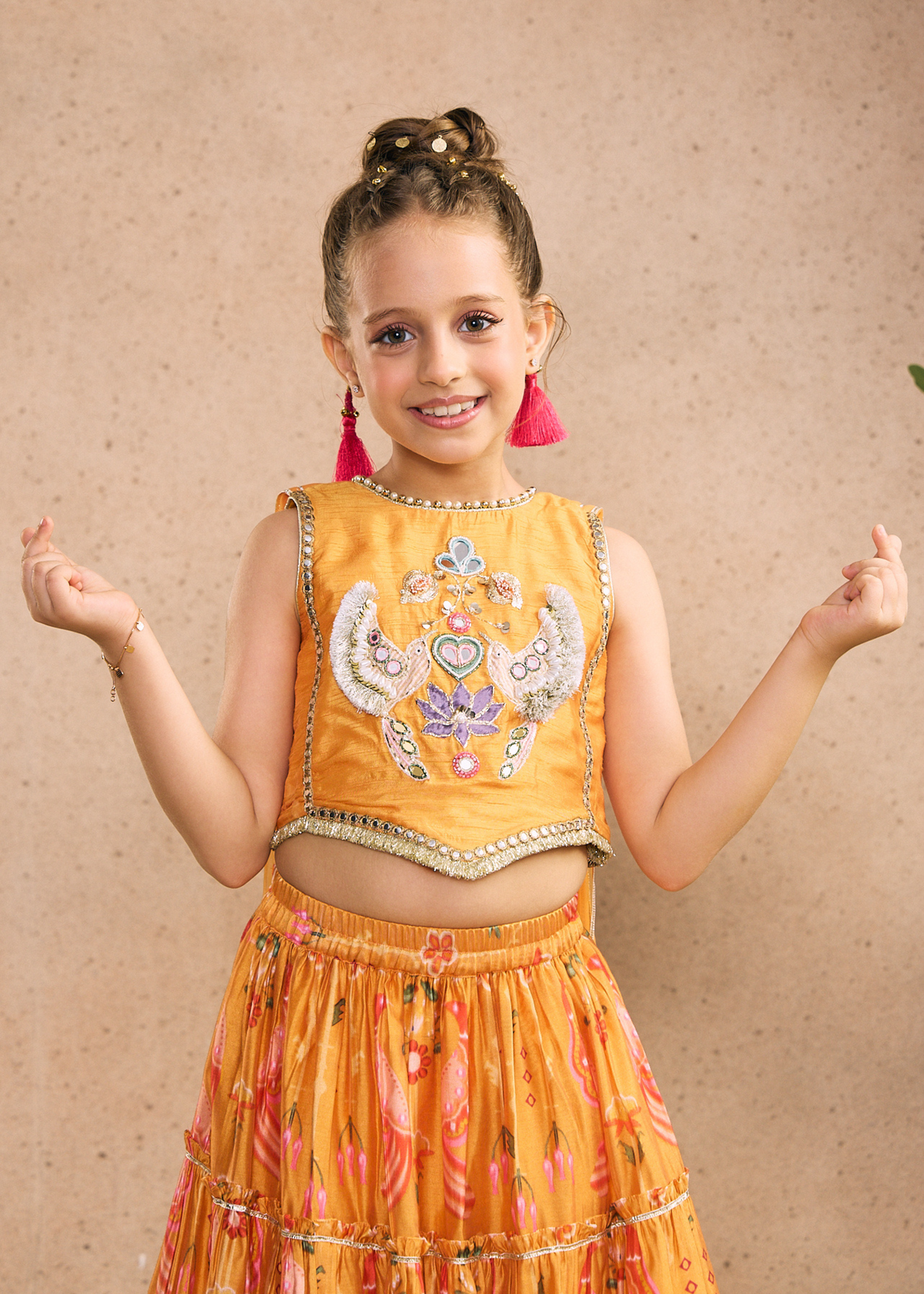 Nella Orange Girls Embellished Crop Top & Skirt (Set of 2 pcs)