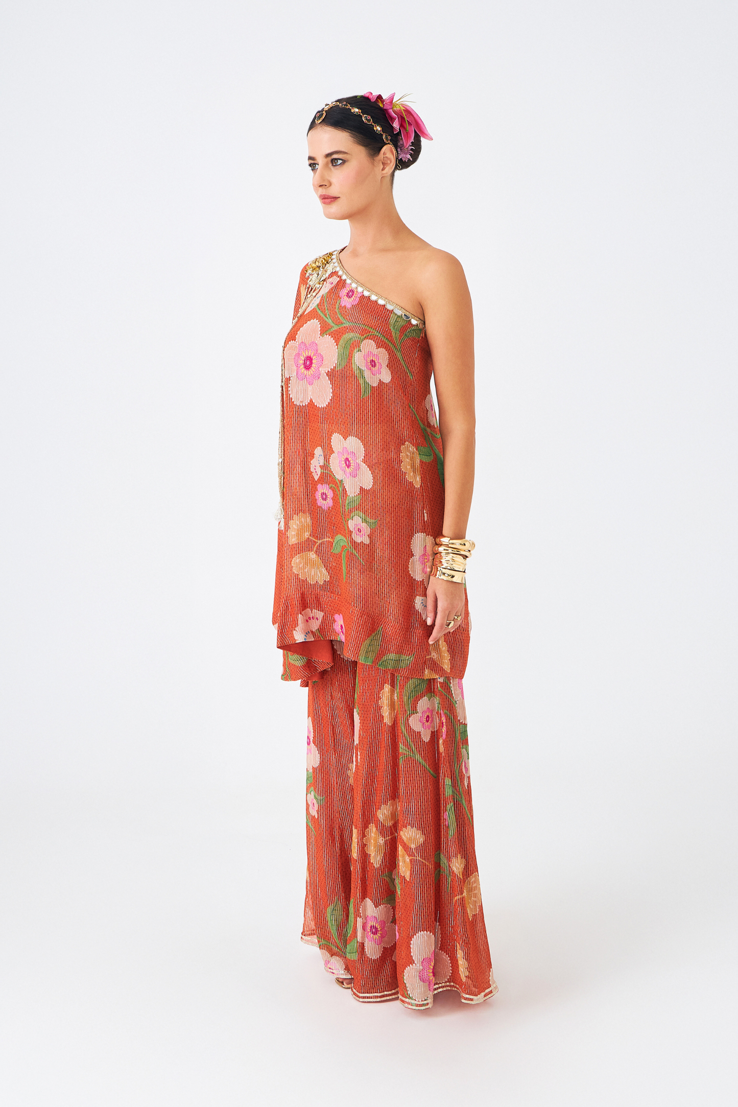 Riva Ladies Embellished Tunic With Flared Trousers (Set of 3 Pcs)