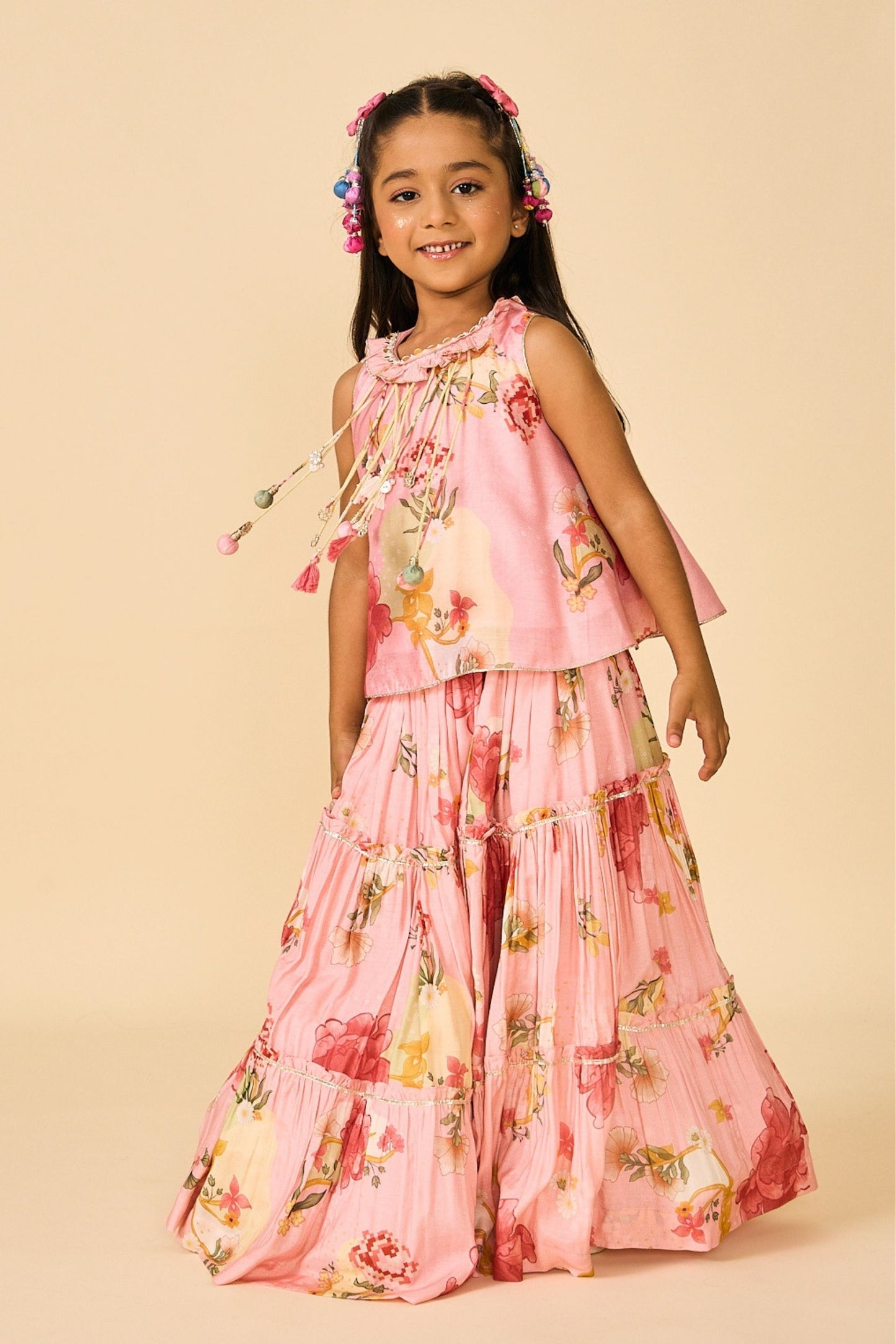 Rose Jaipur Fringe Top With Tiered Skirt ( 2 Pc Set)