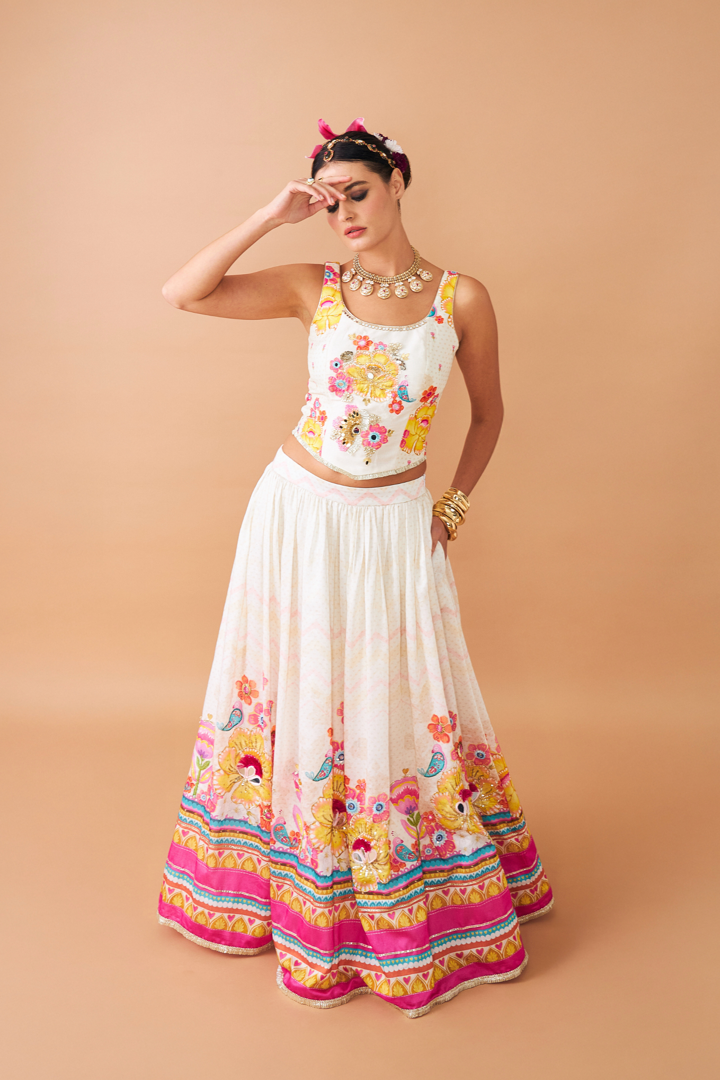 Freya Mustard Ladies Embroidered Corset With Lehenga (Set of 3 Pcs)