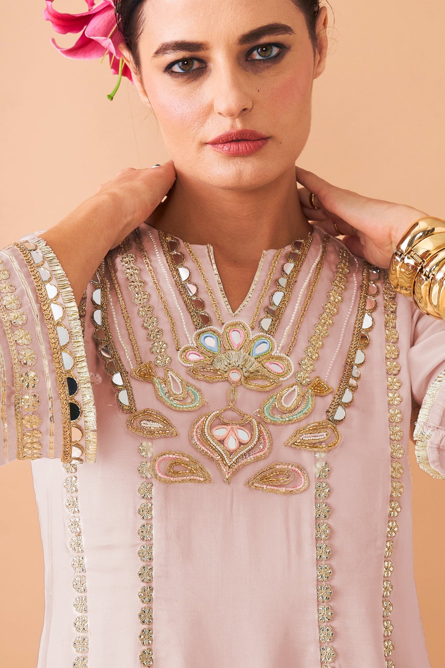 Ivora Pink Ladies Embellished Tunic With Flared Trousers Co-ord ( Set of 2pcs )