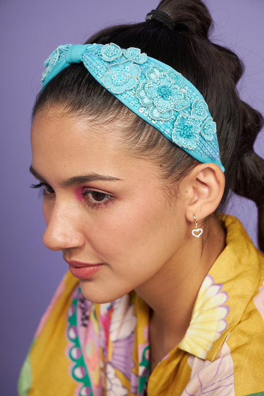 Clover blue embroidered narrow headband