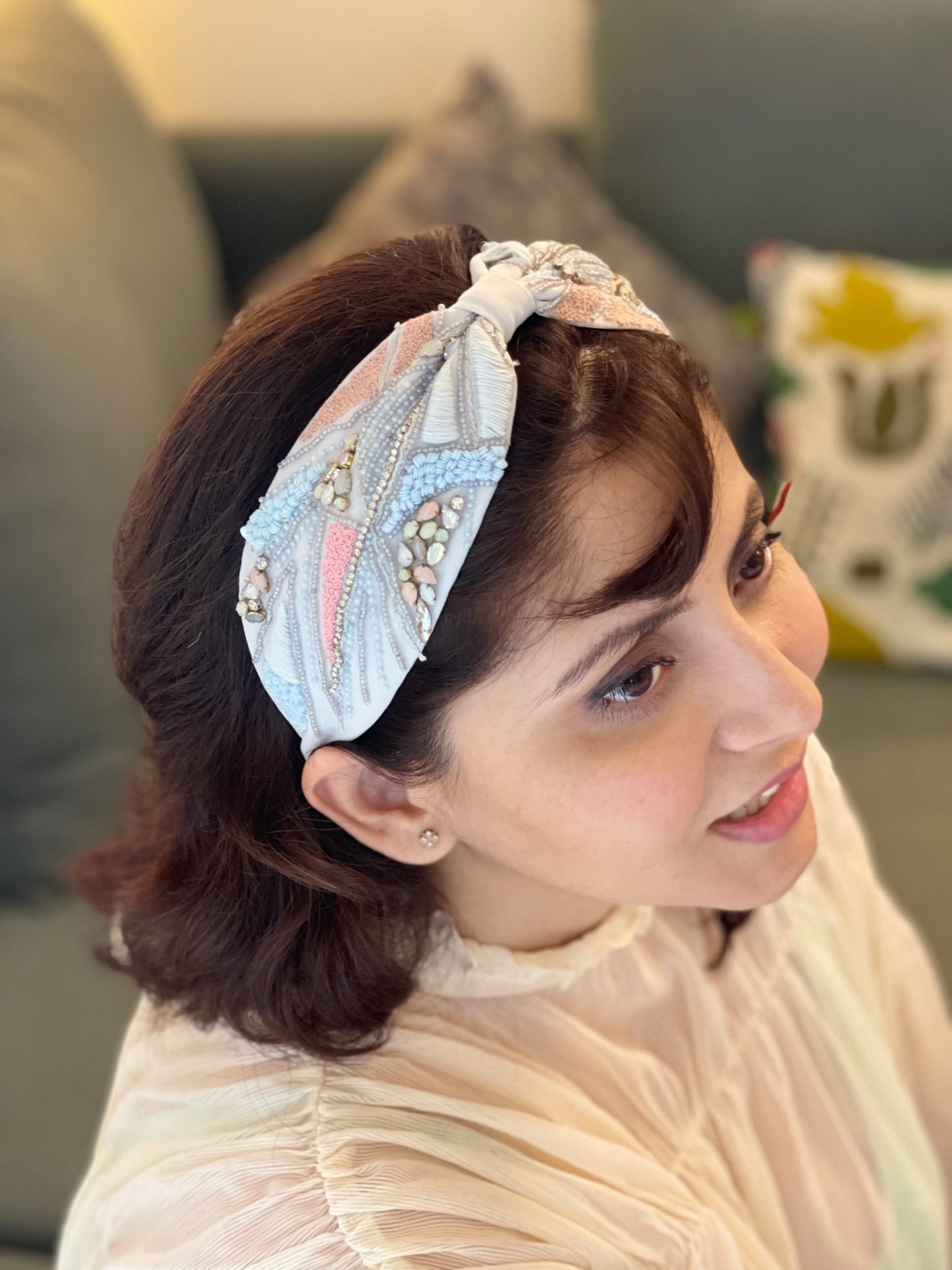 Peyton Blue Hand Embroidered Headband/HairBand