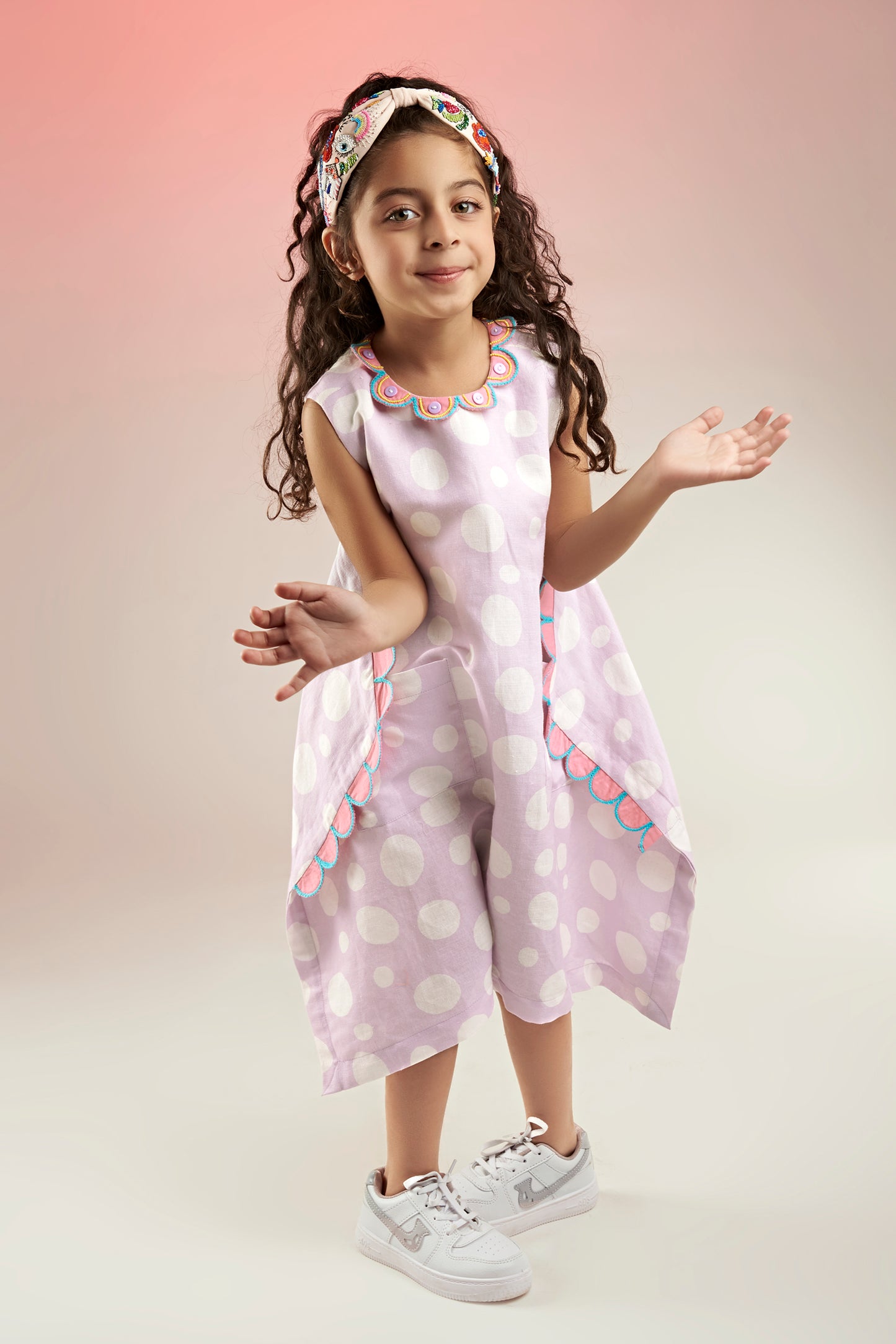 Lavender Polka Printed Linen Dress Kids