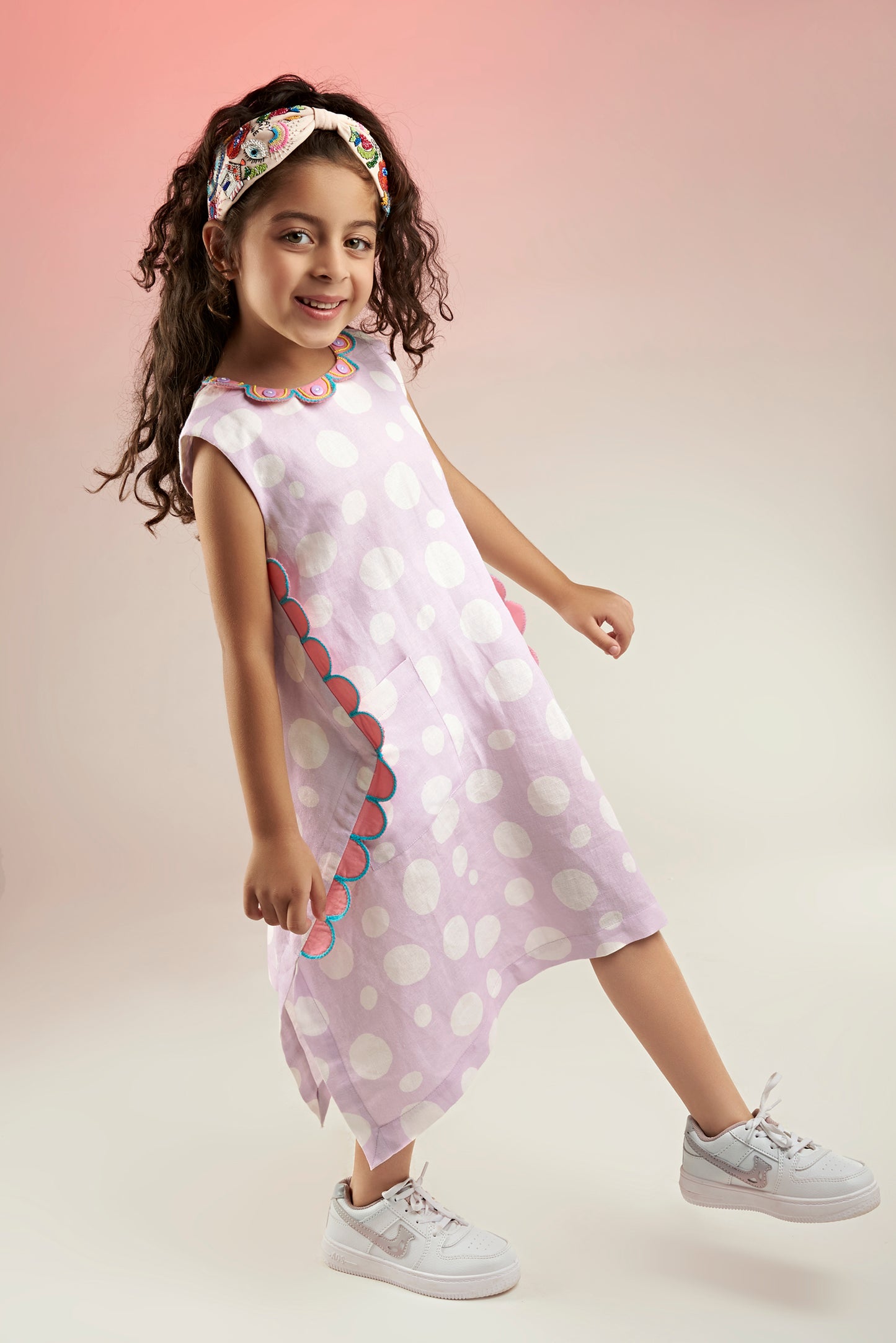 Lavender Polka Printed Linen Dress Kids