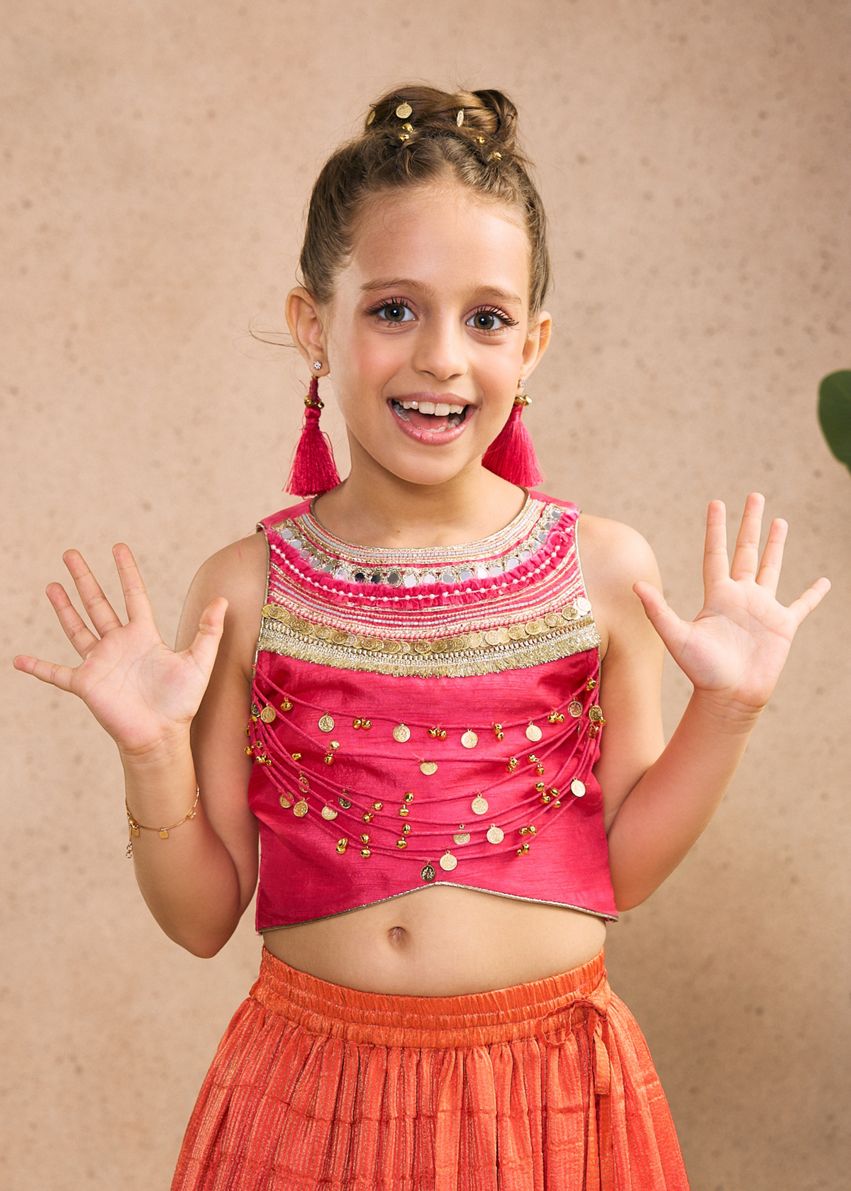 Daphene Girls Embellished Fuchsia Pink Fringe Top With Skirt & Dupatta (Set of 3 pcs)