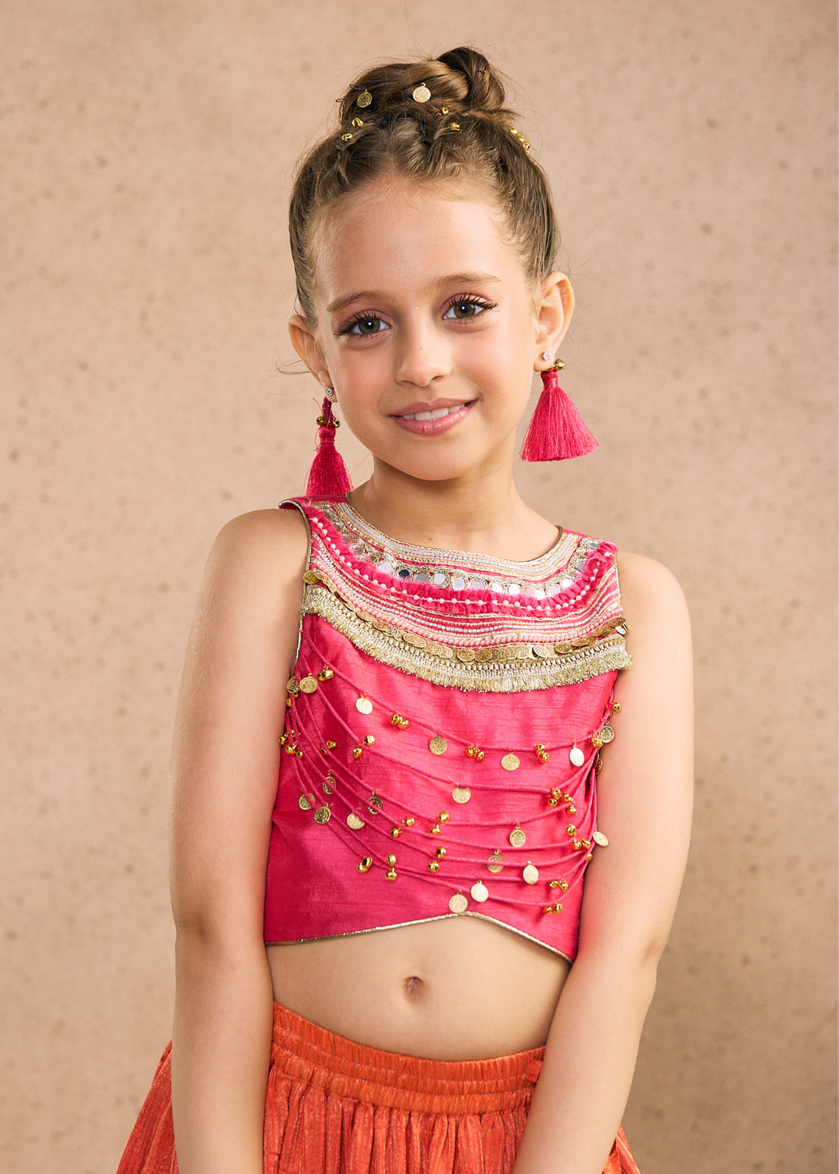 Daphene Girls Embellished Fuchsia Pink Fringe Top With Skirt & Dupatta (Set of 3 pcs)