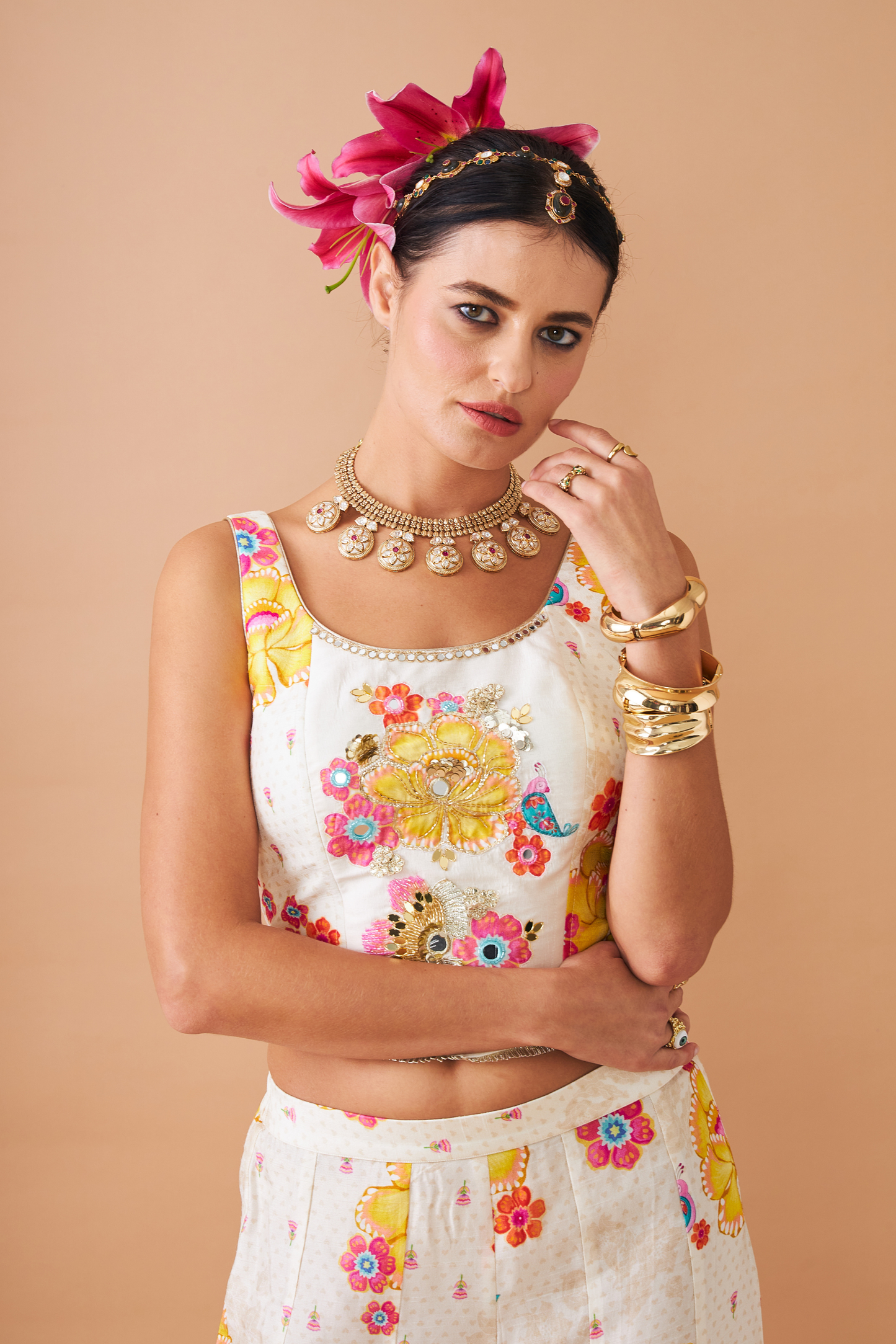 Freya Mustard Ladies Embellished Corset With Flared Trousers Co-ord (Set of 2pcs)