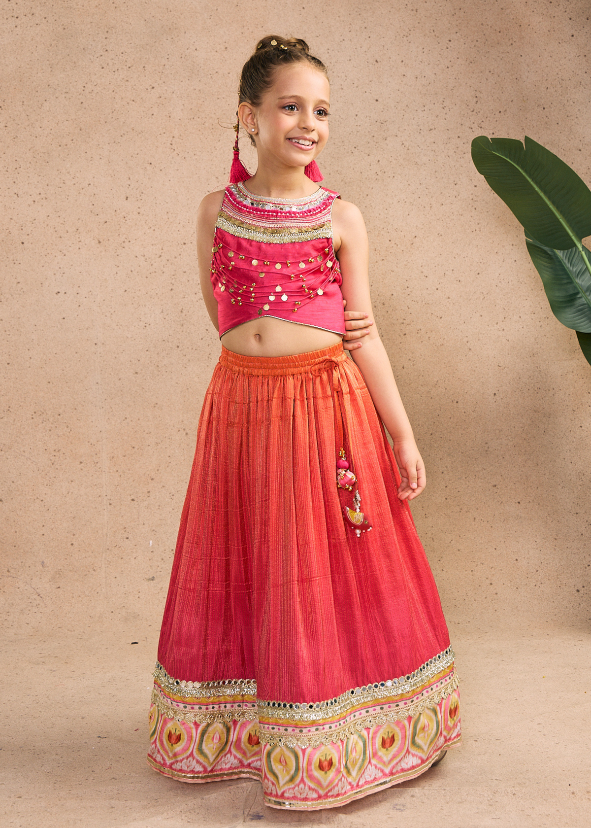Daphene Girls Embellished Fuchsia Pink Fringe Top With Skirt & Dupatta (Set of 3 pcs)