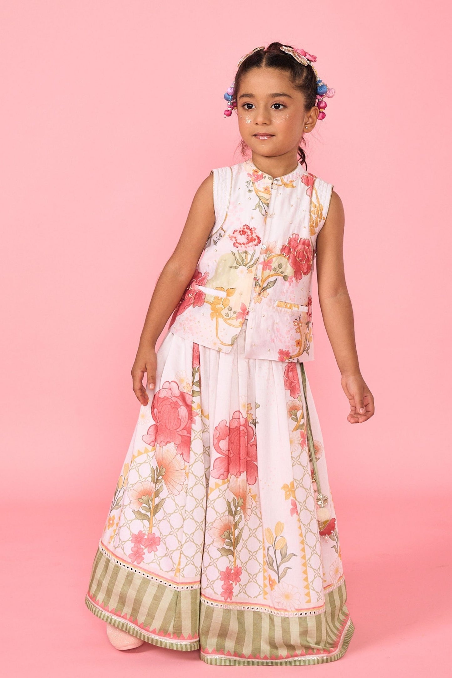 White Makrana Girls Embellished Waistcoat With Printed Skirt ( 2 Pc Set)