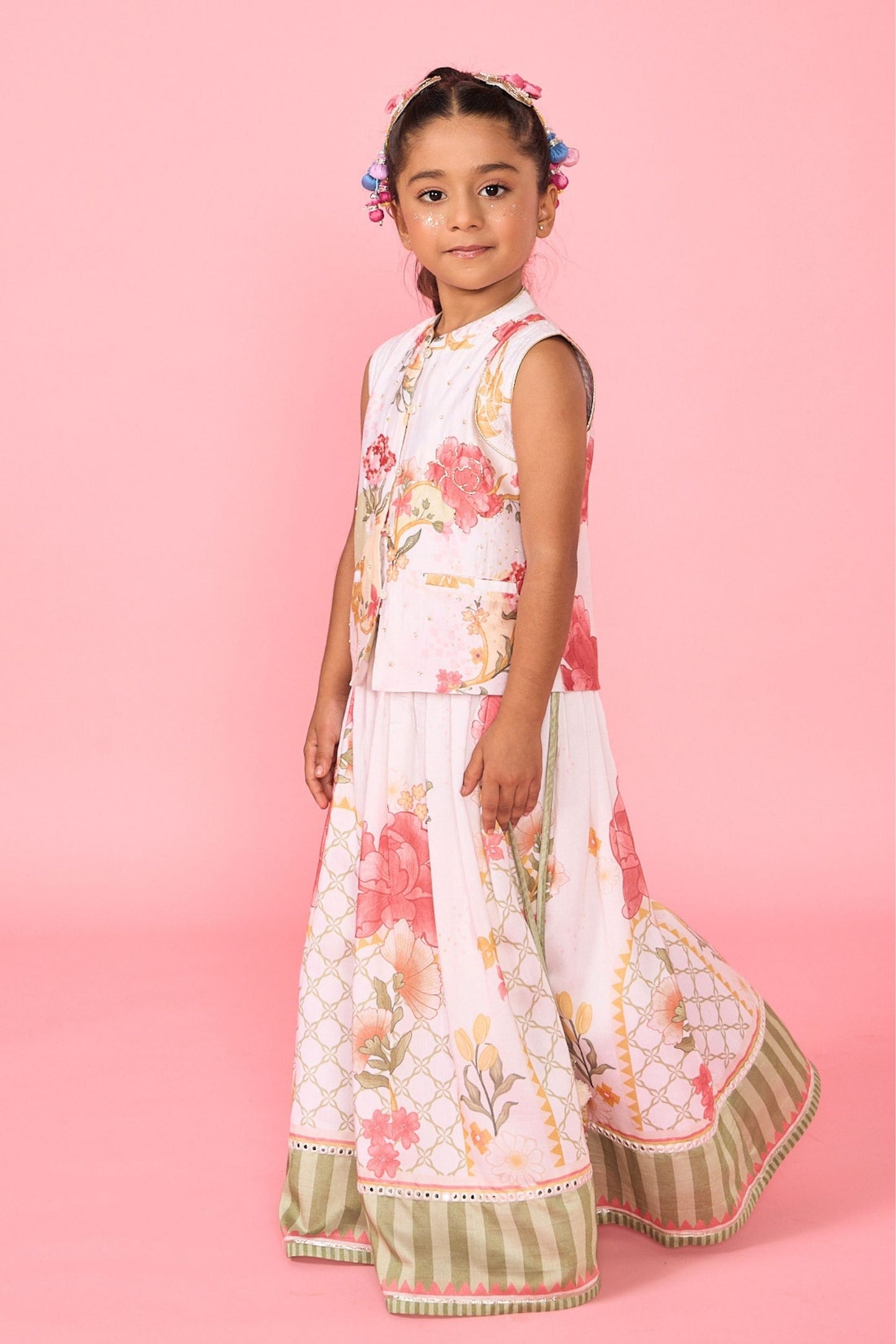 White Makrana Girls Embellished Waistcoat With Printed Skirt ( 2 Pc Set)