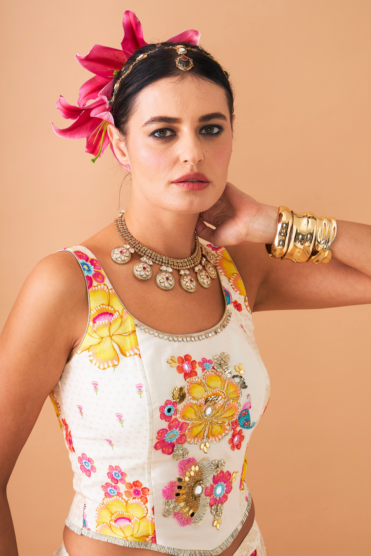 Freya Mustard Ladies Embellished Corset With Flared Trousers Co-ord (Set of 2pcs)