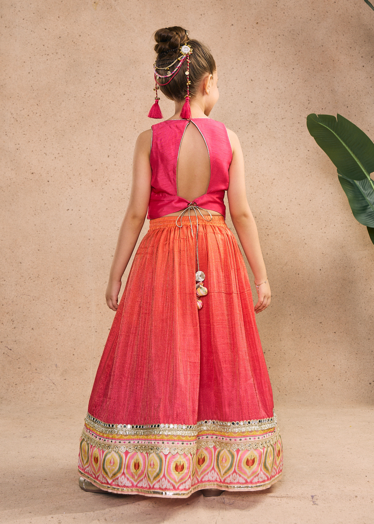 Daphene Girls Embellished Fuchsia Pink Fringe Top With Skirt & Dupatta (Set of 3 pcs)