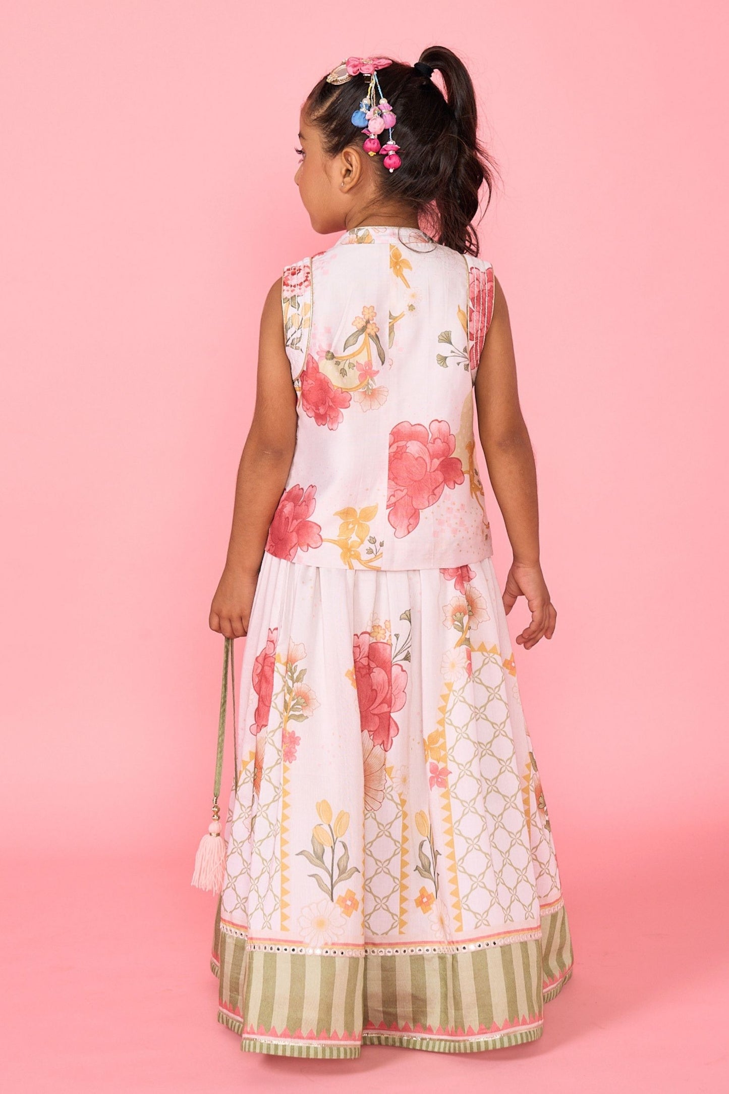 White Makrana Girls Embellished Waistcoat With Printed Skirt ( 2 Pc Set)