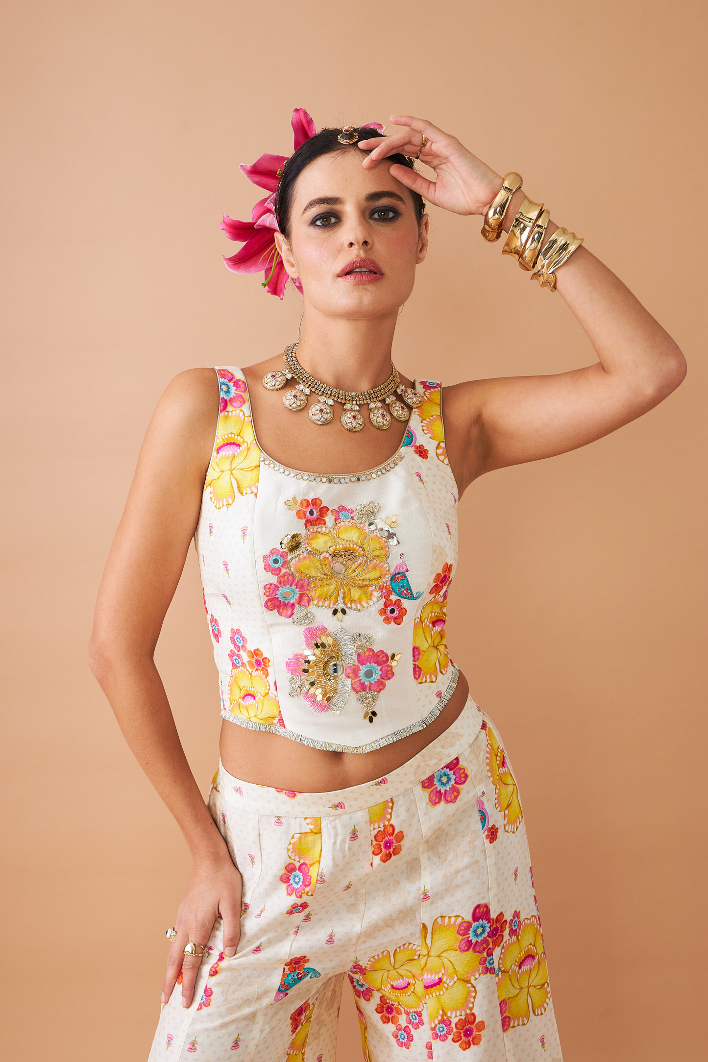 Freya Mustard Ladies Embellished Corset With Flared Trousers Co-ord (Set of 2pcs)