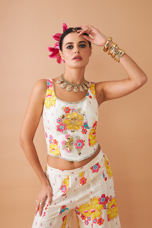 Freya Mustard Ladies Embellished Corset With Flared Trousers Co-ord (Set of 2pcs)