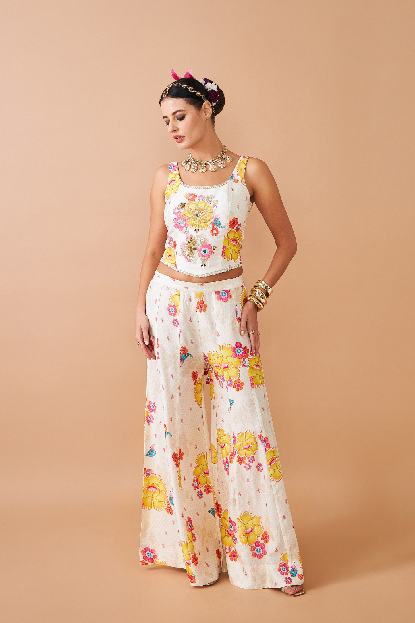 Freya Mustard Ladies Embellished Corset With Flared Trousers Co-ord (Set of 2pcs)