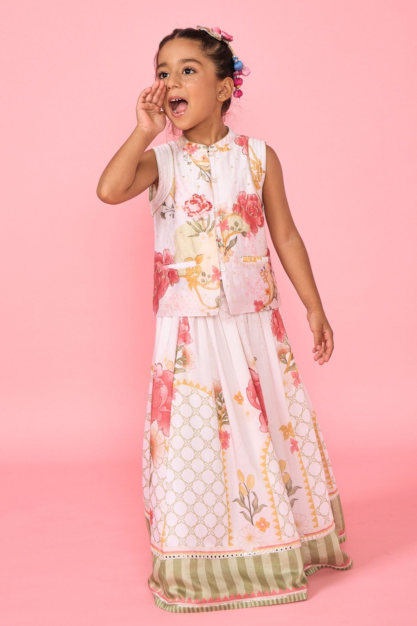 White Makrana Girls Embellished Waistcoat With Printed Skirt ( 2 Pc Set)
