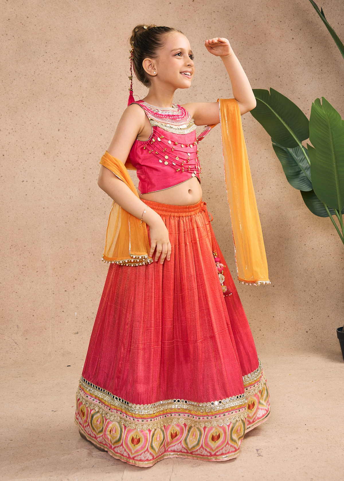 Daphene Girls Embellished Fuchsia Pink Fringe Top With Skirt & Dupatta (Set of 3 pcs)