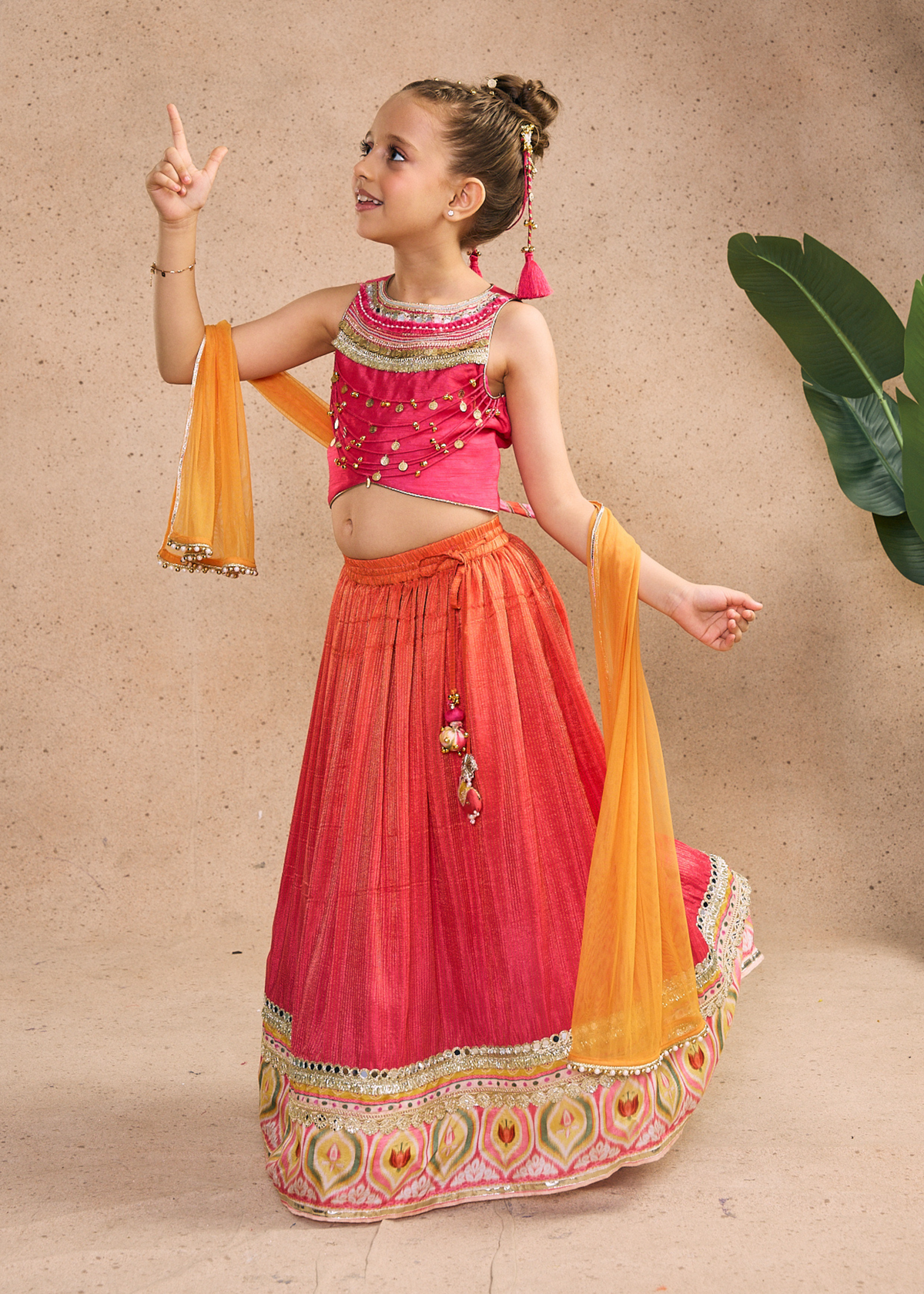 Daphene Girls Embellished Fuchsia Pink Fringe Top With Skirt & Dupatta (Set of 3 pcs)