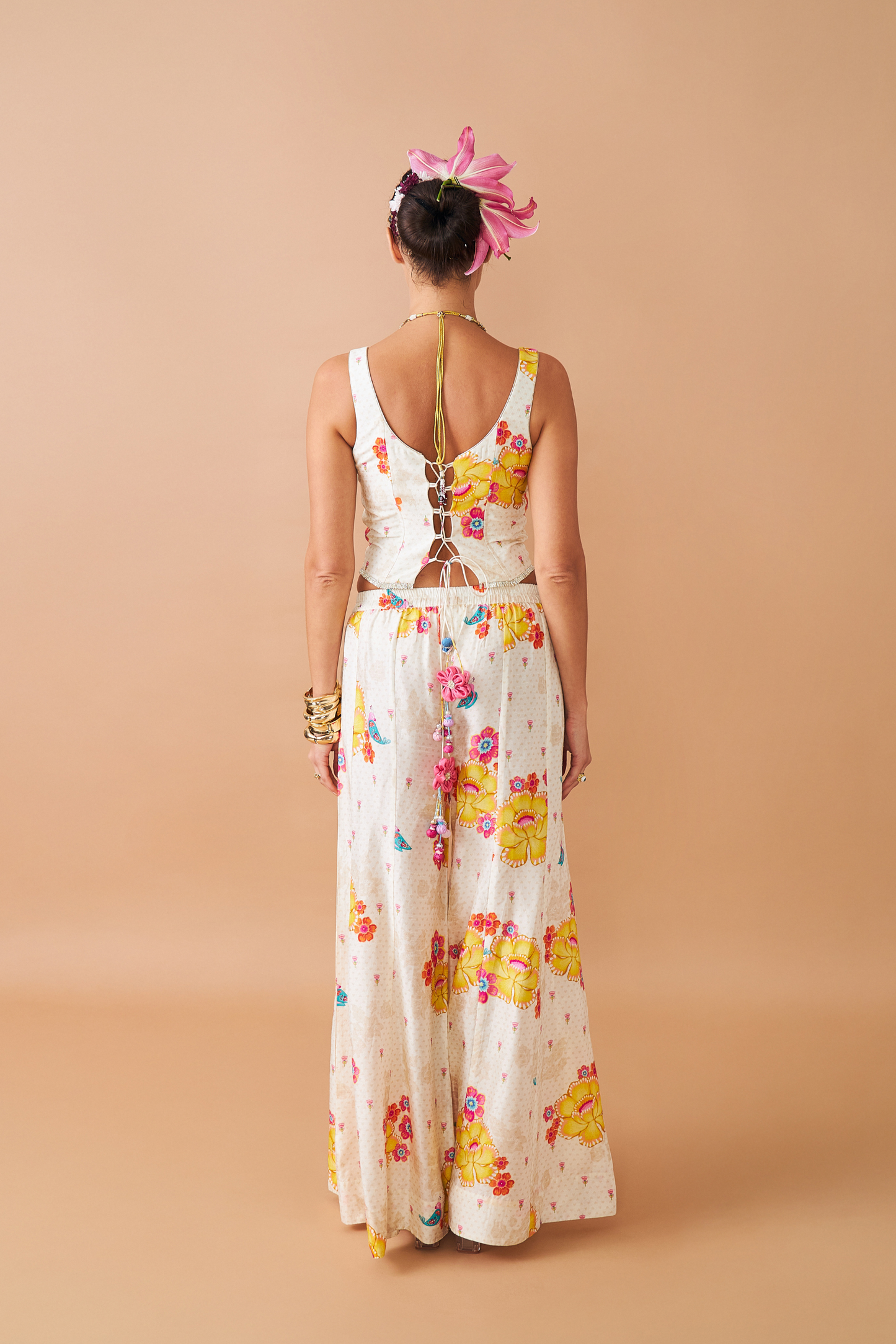 Freya Mustard Ladies Embellished Corset With Flared Trousers Co-ord (Set of 2pcs)