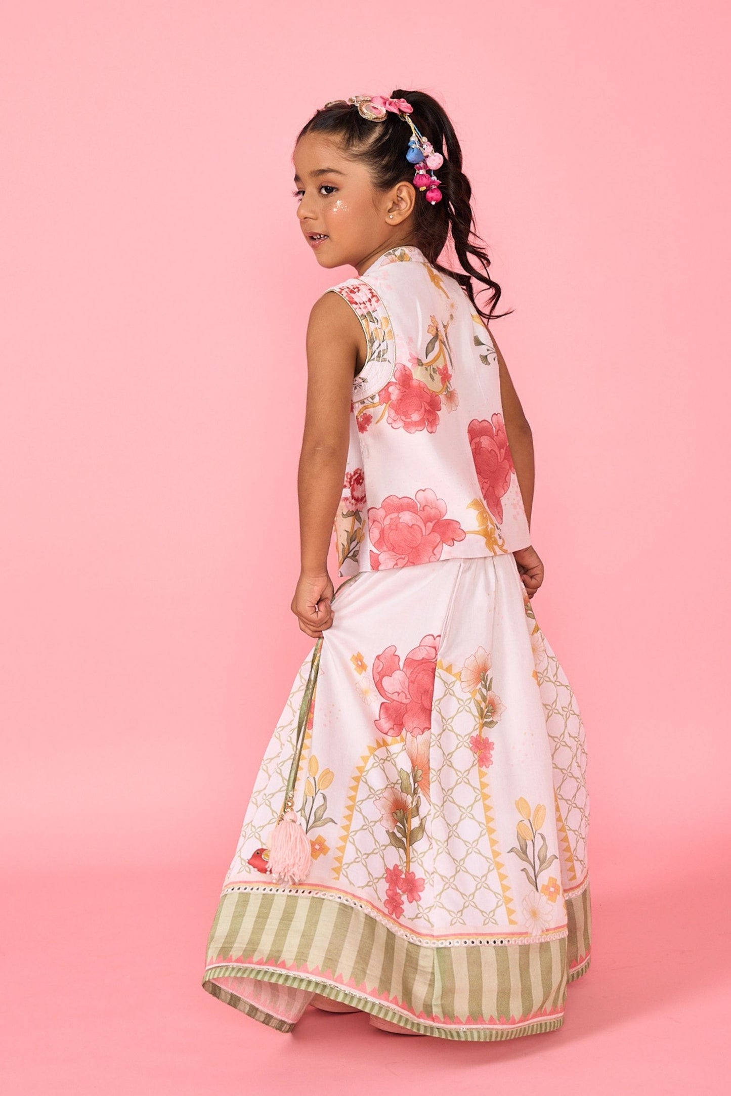 White Makrana Girls Embellished Waistcoat With Printed Skirt ( 2 Pc Set)
