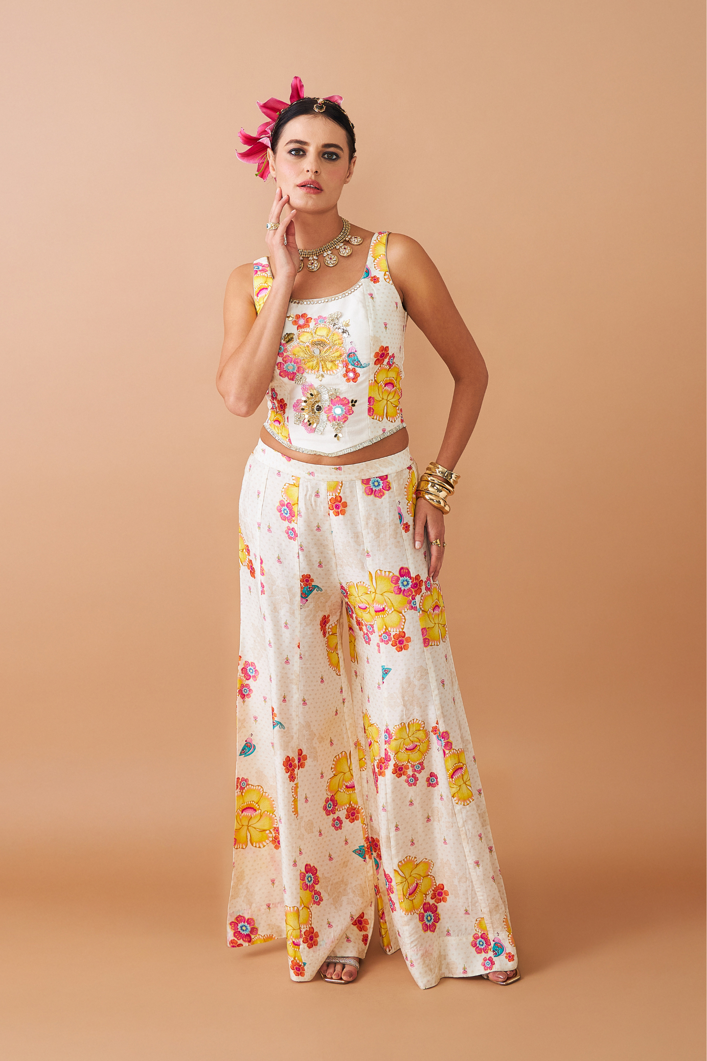 Freya Mustard Ladies Embellished Corset With Flared Trousers Co-ord (Set of 2pcs)