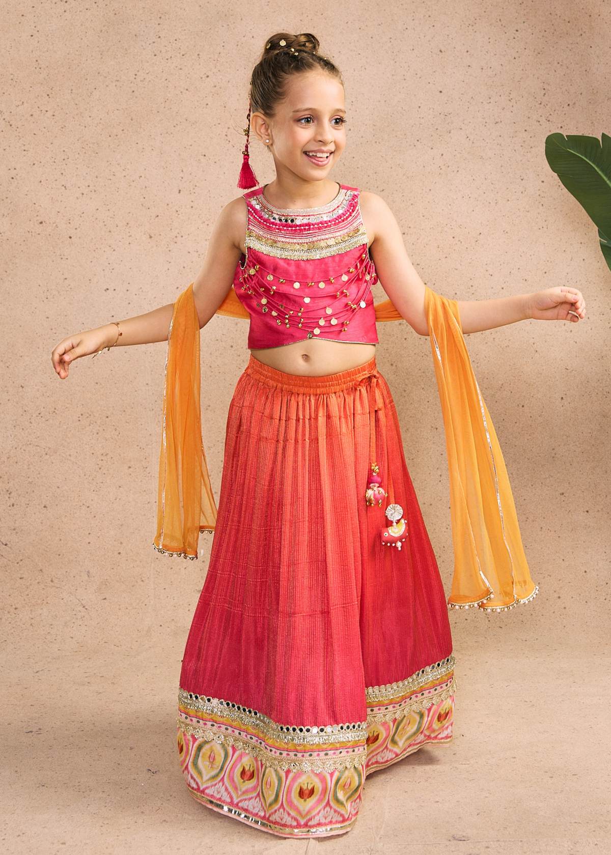 Daphene Girls Embellished Fuchsia Pink Fringe Top With Skirt & Dupatta (Set of 3 pcs)