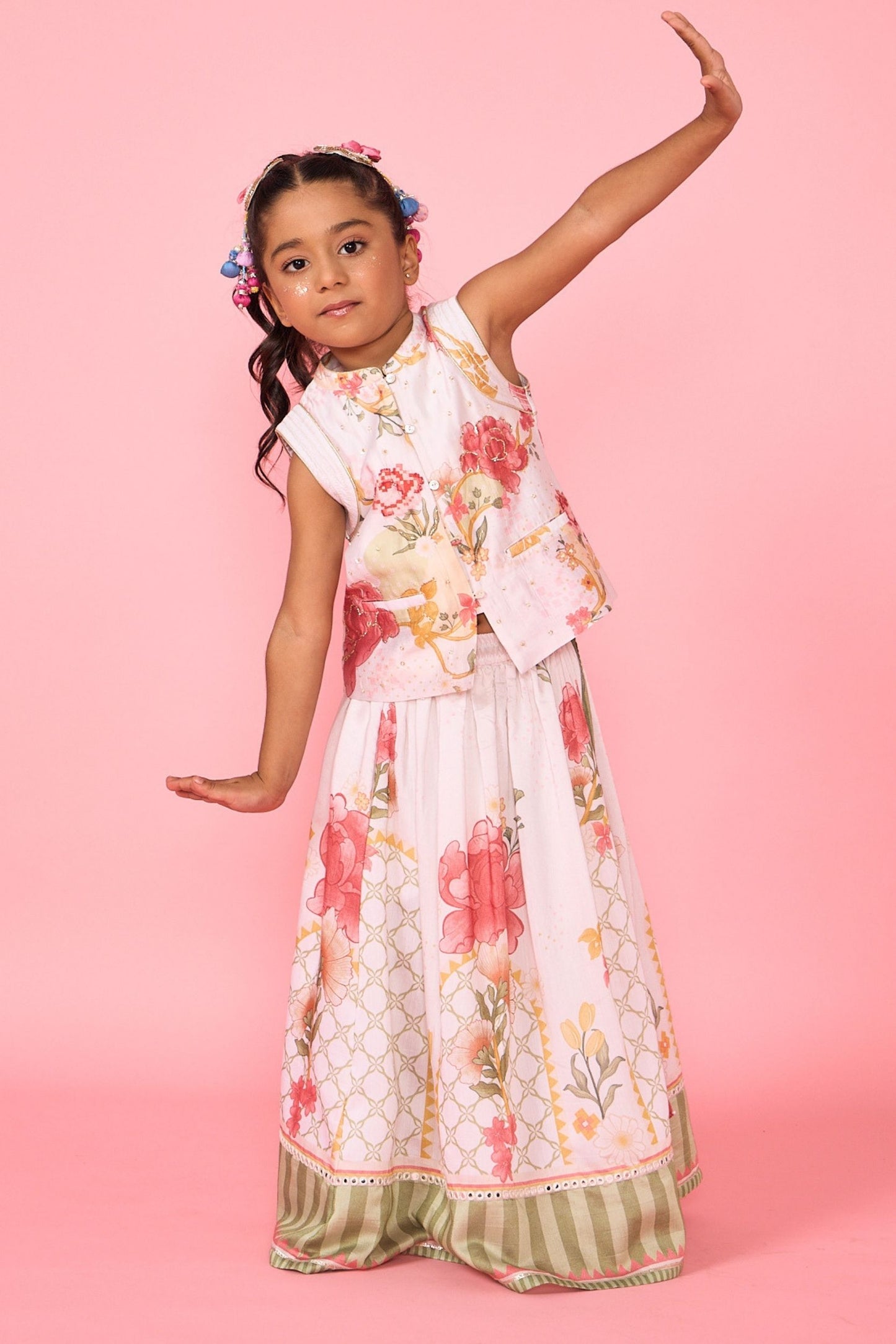 White Makrana Girls Embellished Waistcoat With Printed Skirt ( 2 Pc Set)