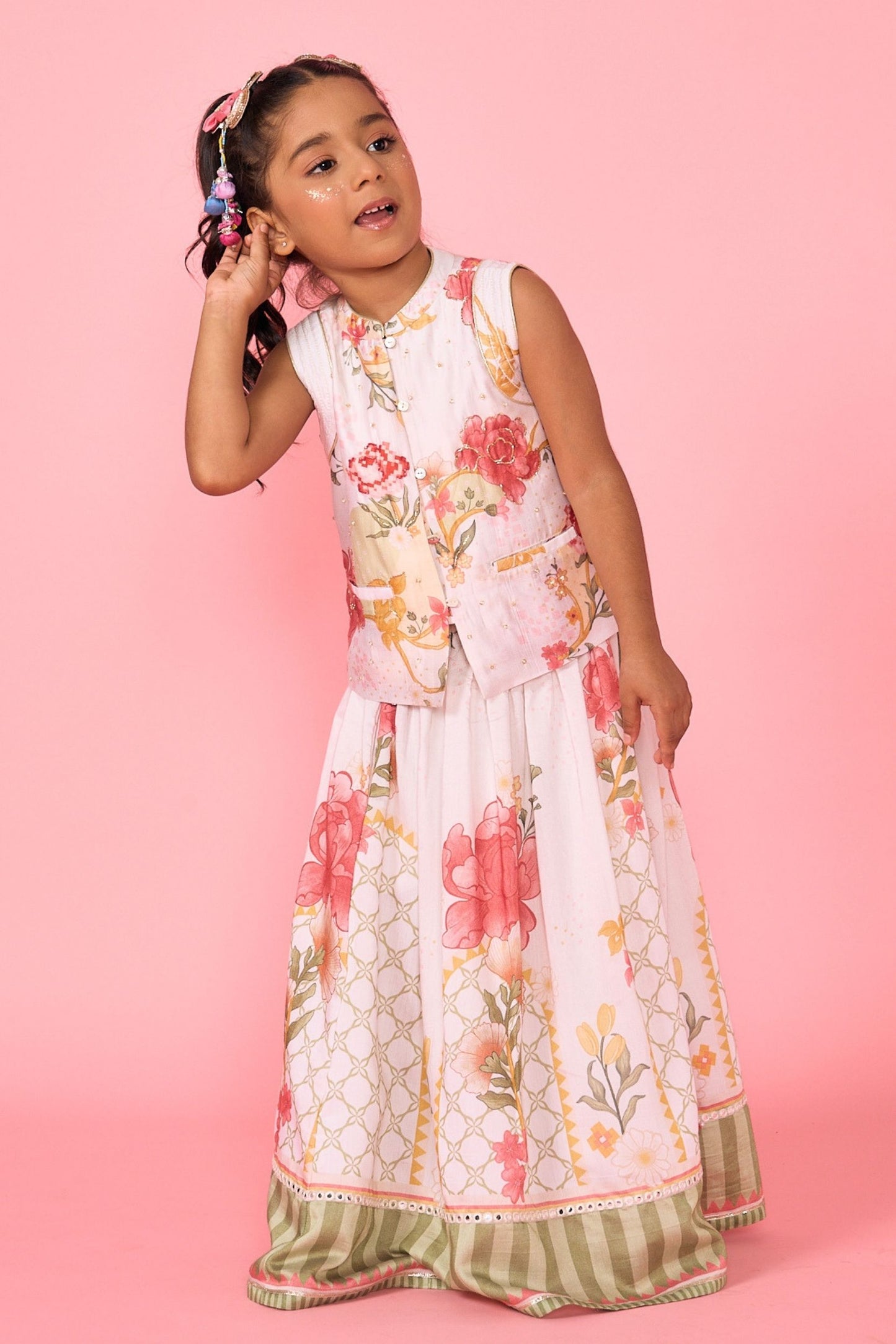 White Makrana Girls Embellished Waistcoat With Printed Skirt ( 2 Pc Set)