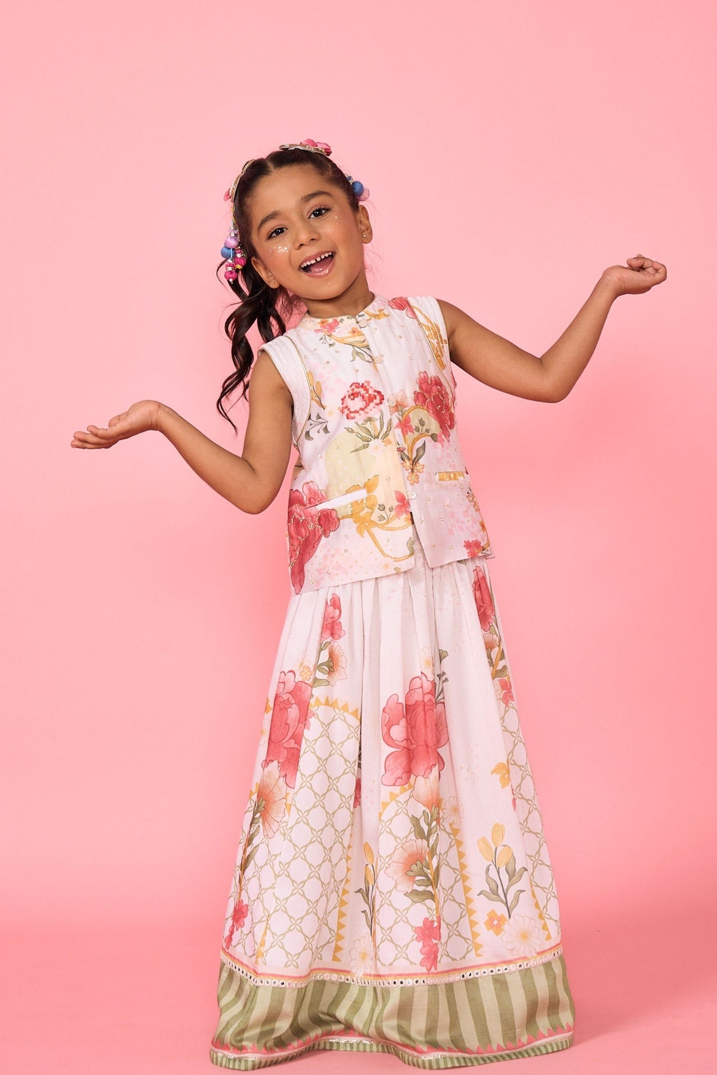 White Makrana Girls Embellished Waistcoat With Printed Skirt ( 2 Pc Set)