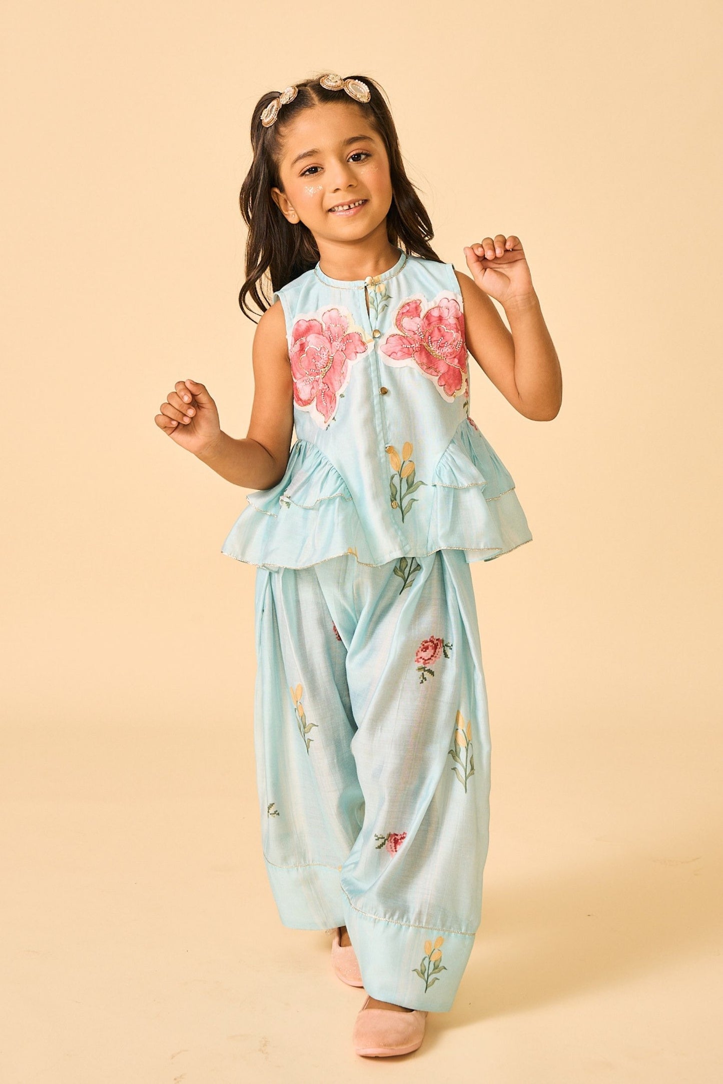 Blue Clay Embellished Girls Top & Trouser Coord ( 2 Pc Set)