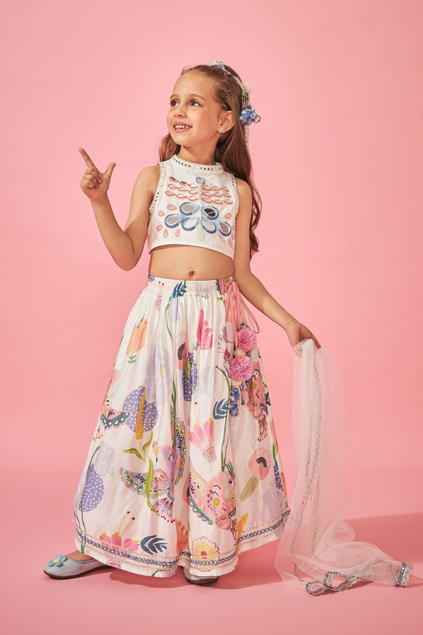 White Bloom Girls Skirt With Embellished Crop Top - Boy & Girl