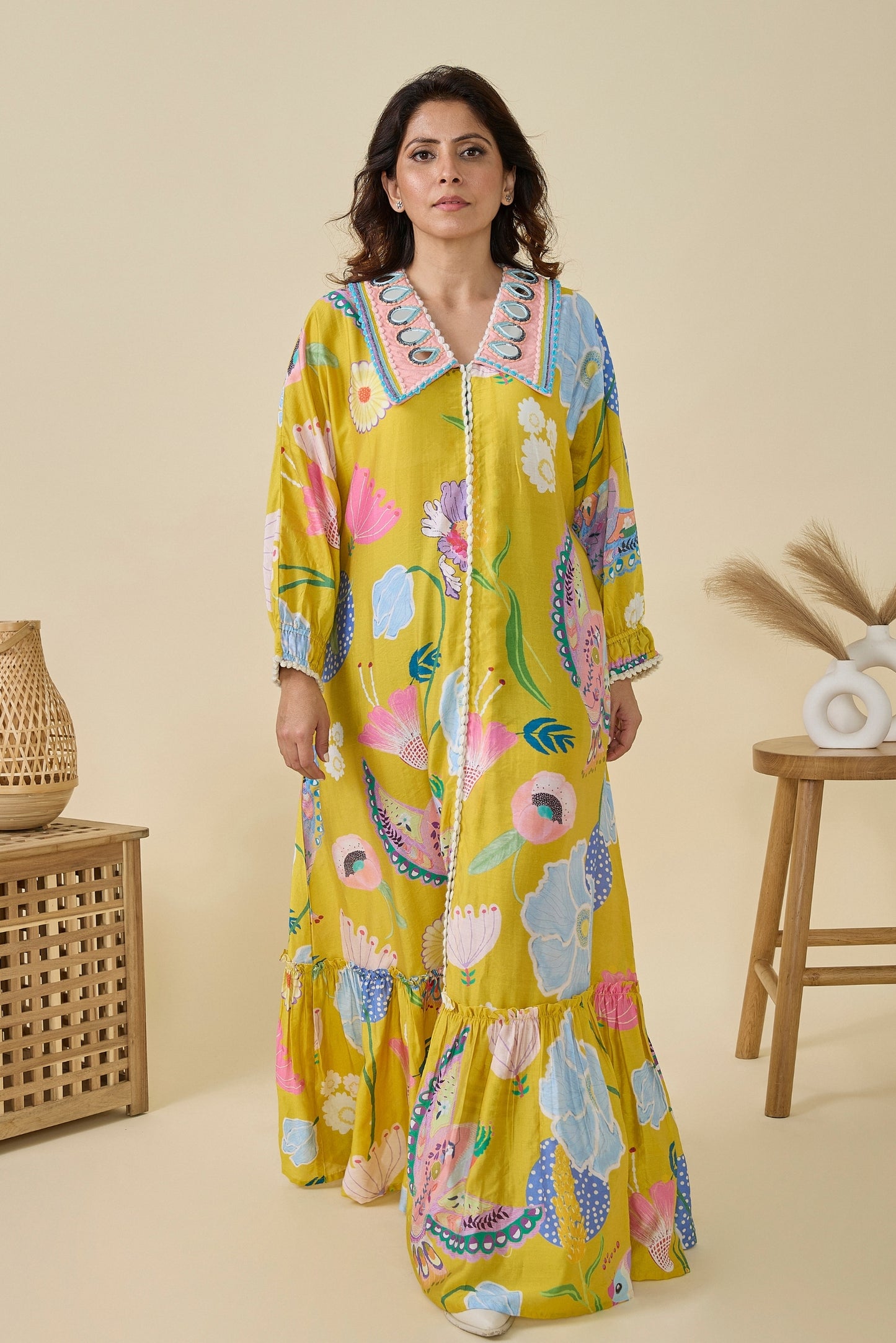 Yellow Bloom Embellished Ladies Maxi Dress