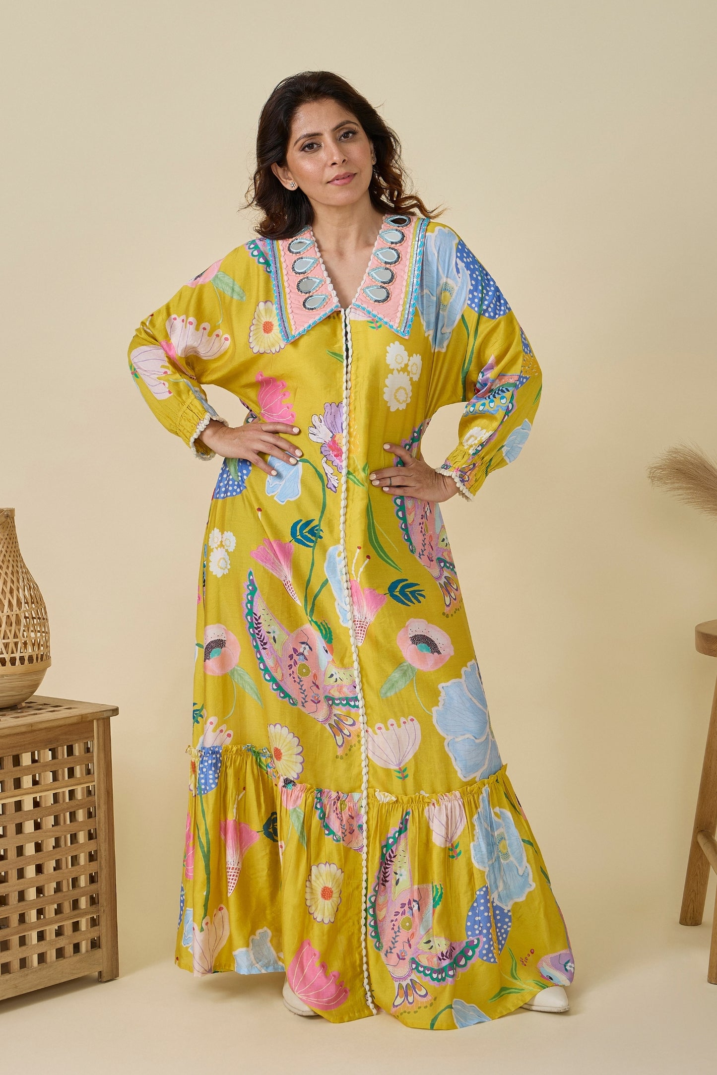 Yellow Bloom Embellished Ladies Maxi Dress