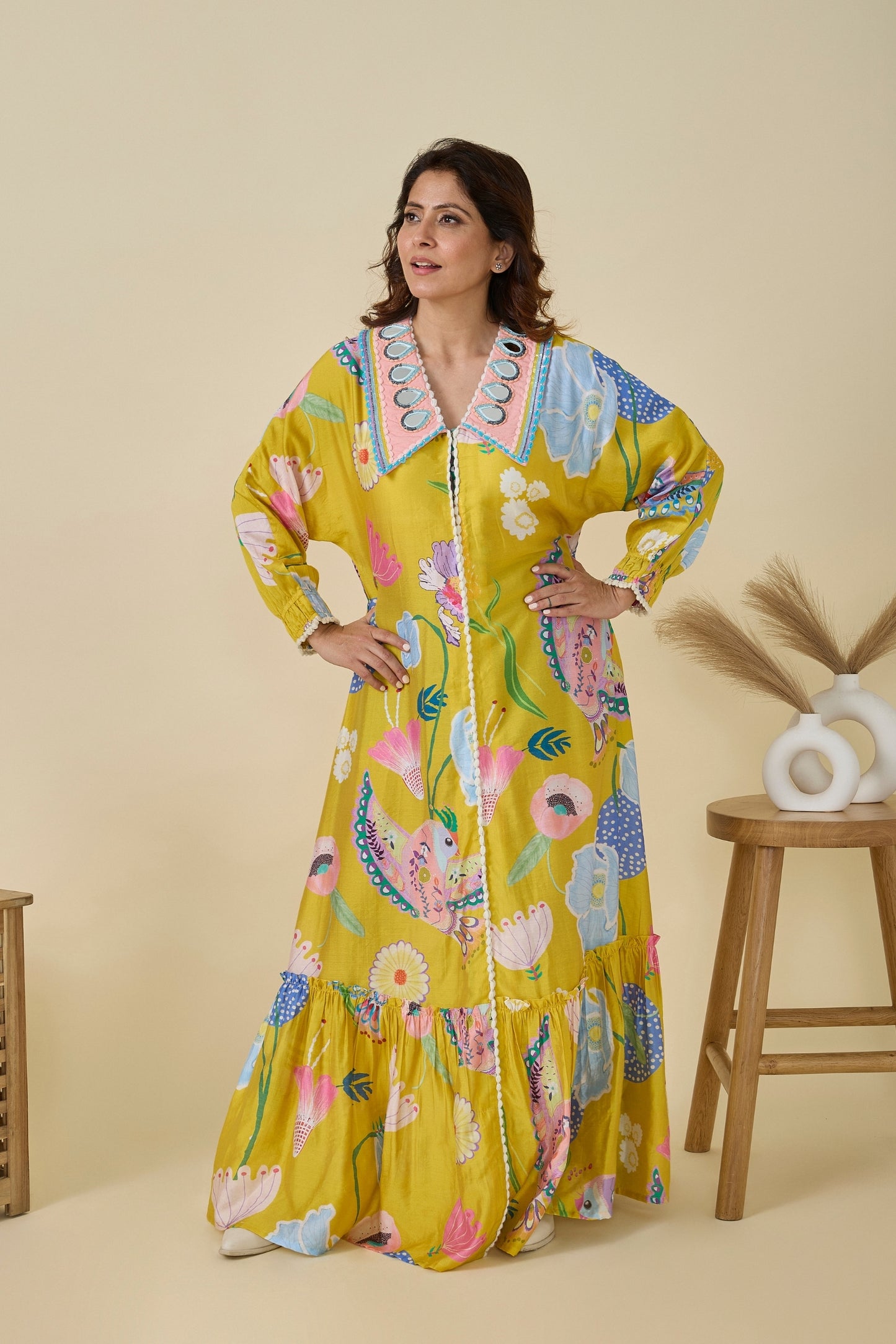 Yellow Bloom Embellished Ladies Maxi Dress