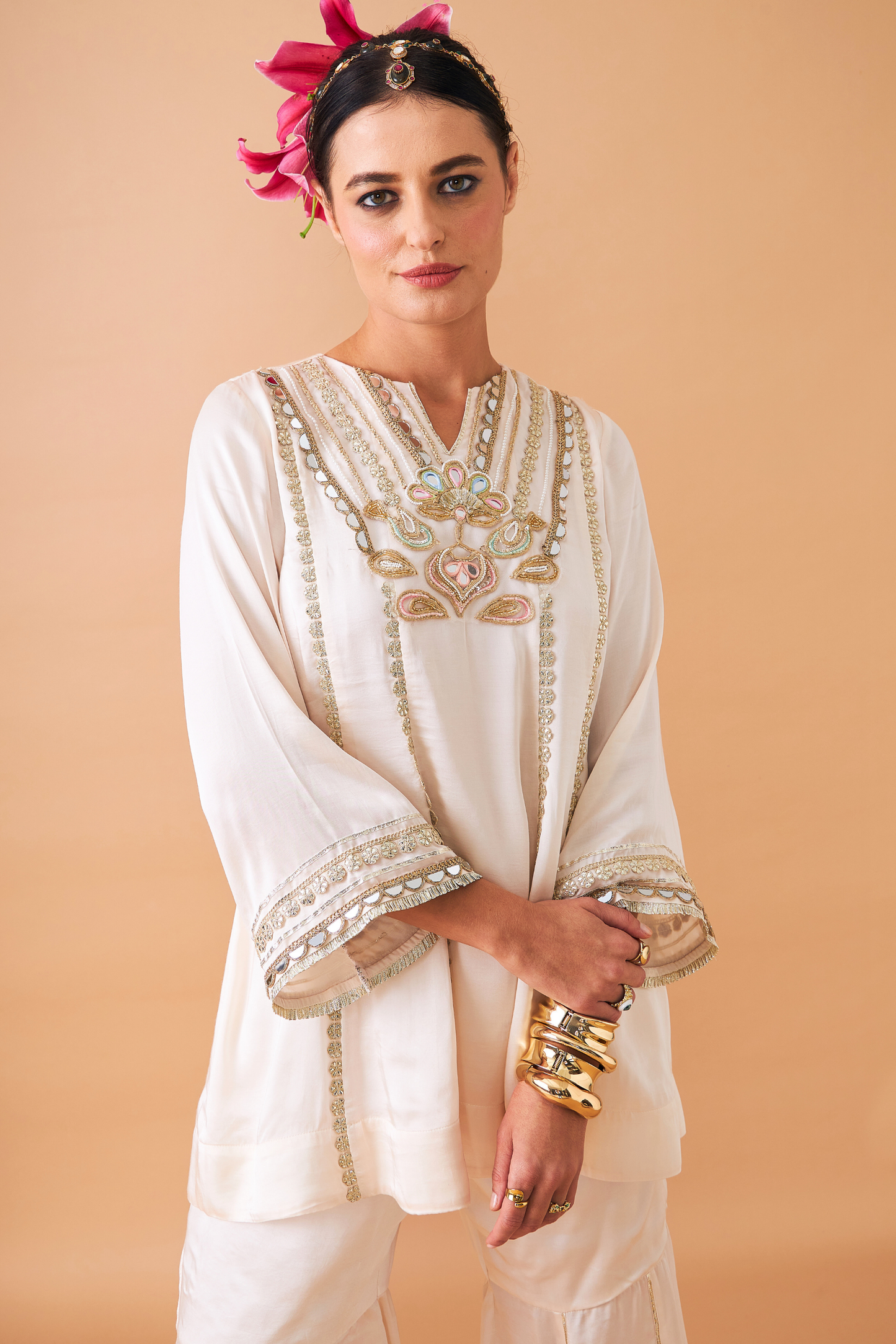 Ivora Ladies Embellished Tunic With Flared Trousers Co-ord (Set of 2pcs)