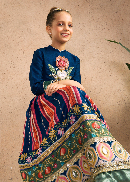 Dalia Navy Girls Embellished Full Sleeves Top, Skirt & Dupatta (Set of 3 pcs)