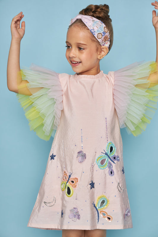 Butterfly Frill Sleeve Kids Embellished Dress Bloom